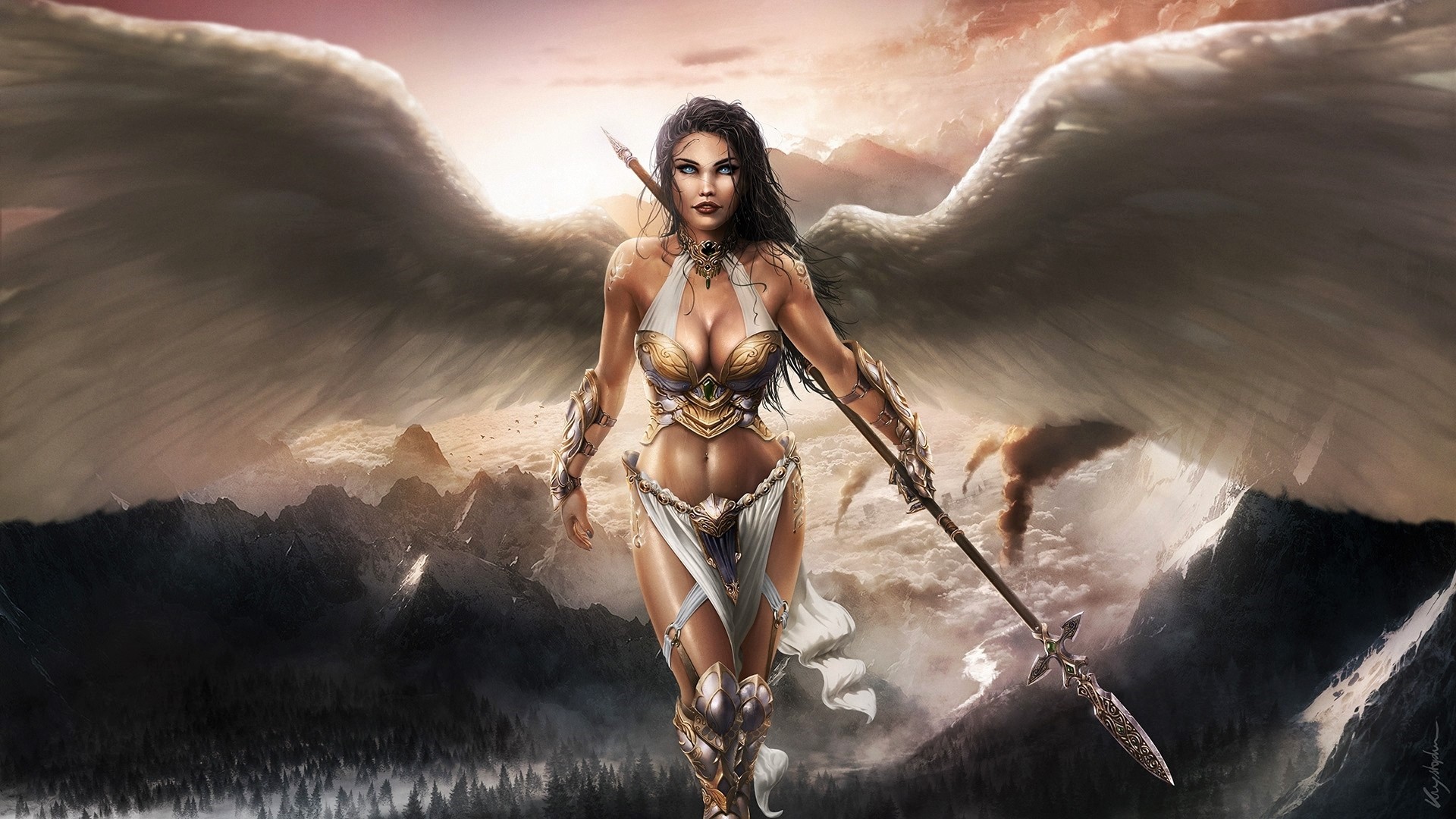 Free download wallpaper Fantasy, Wings, Angel, Blue Eyes, Spear, Angel Warrior on your PC desktop