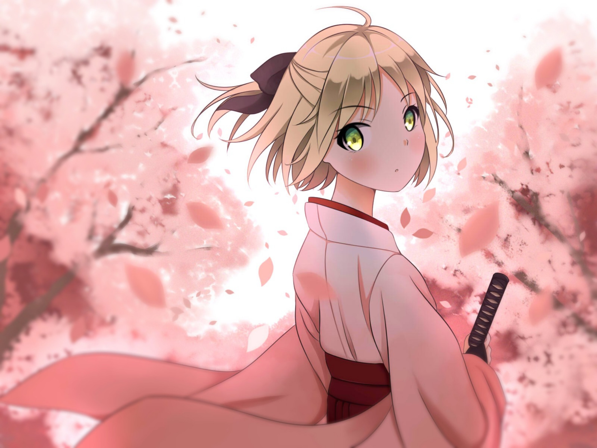 anime, fate/grand order, blonde, kimono, okita sōji, saber (fate series), yellow eyes, fate series
