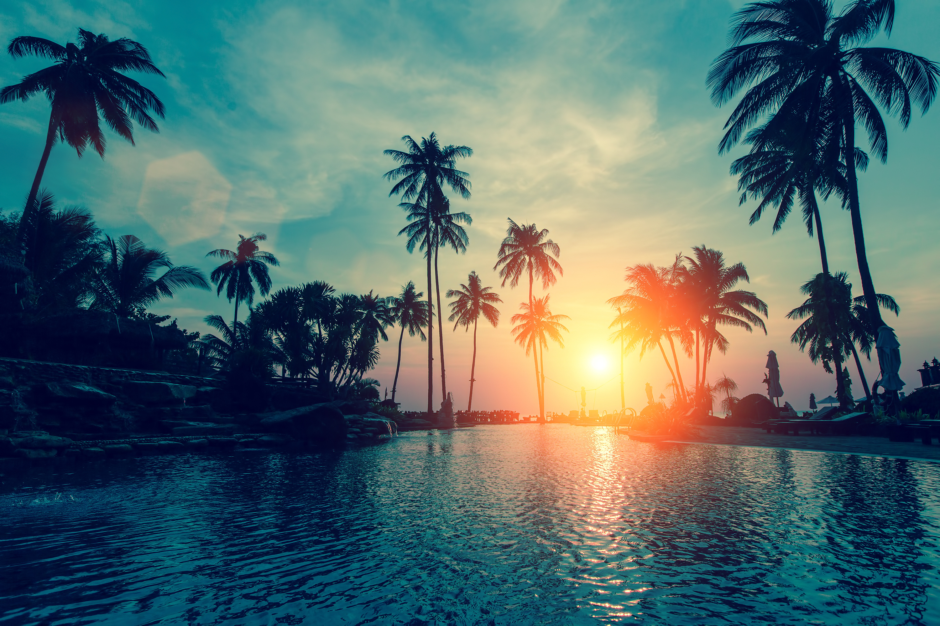 Free download wallpaper Sunset, Resort, Photography, Palm Tree on your PC desktop