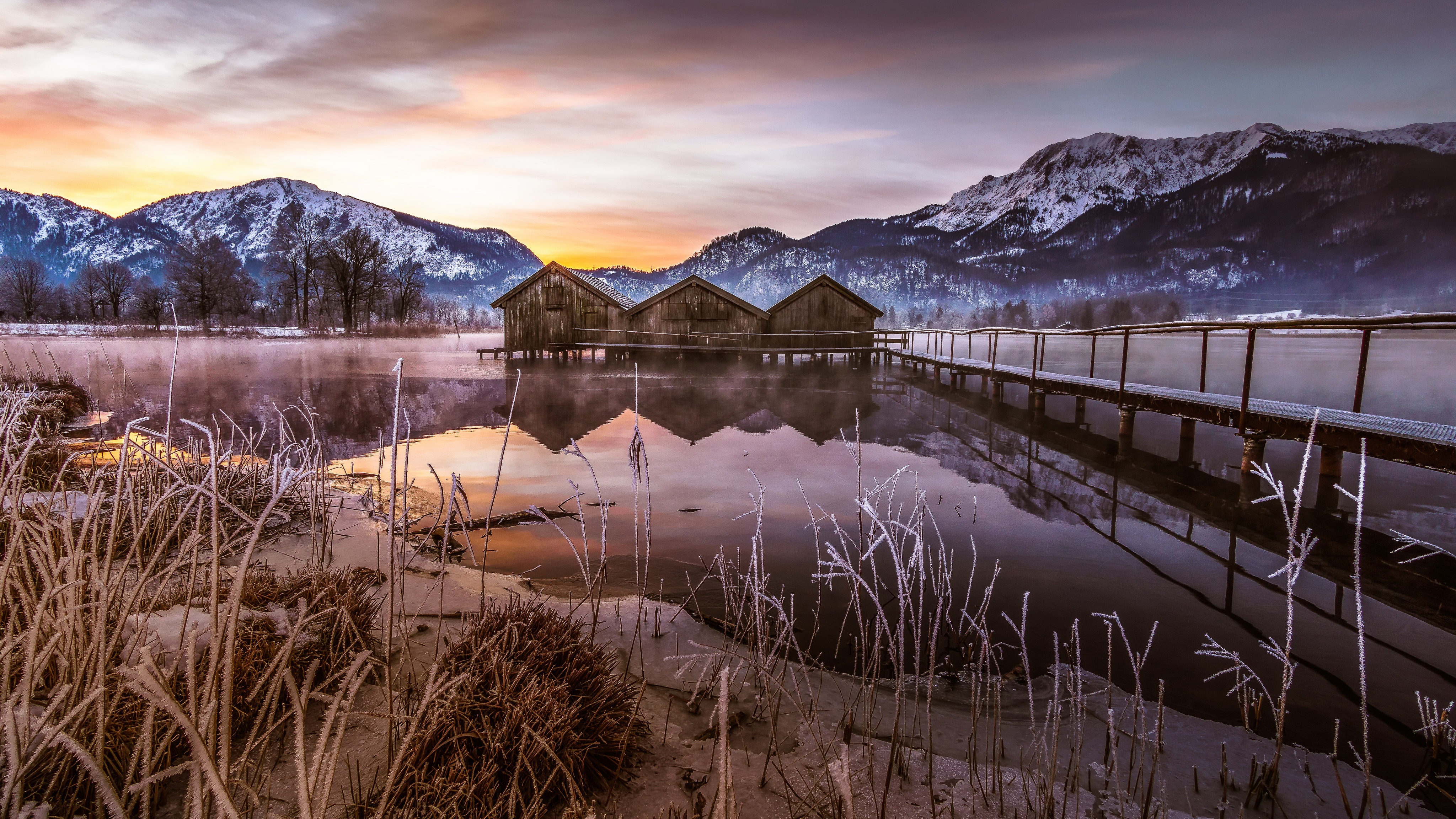 Download mobile wallpaper Winter, Mountain, Lake, Pier, Bavaria, Man Made for free.