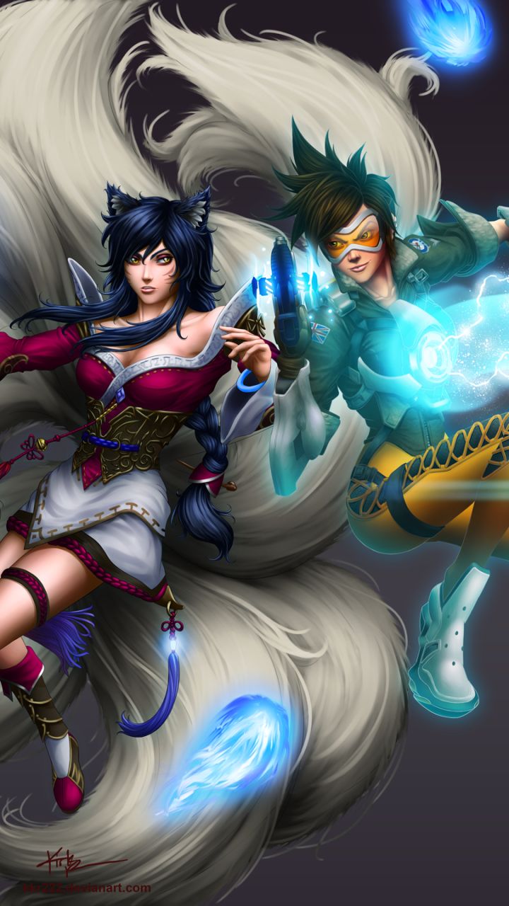Download mobile wallpaper League Of Legends, Crossover, Overwatch, Video Game, Ahri (League Of Legends), Tracer (Overwatch) for free.