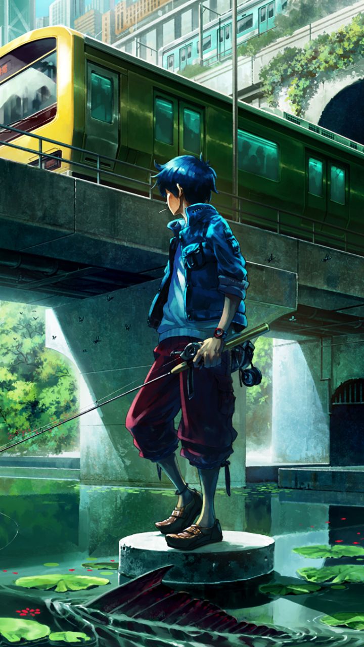Download mobile wallpaper Anime, Train, Boy, Fishing for free.
