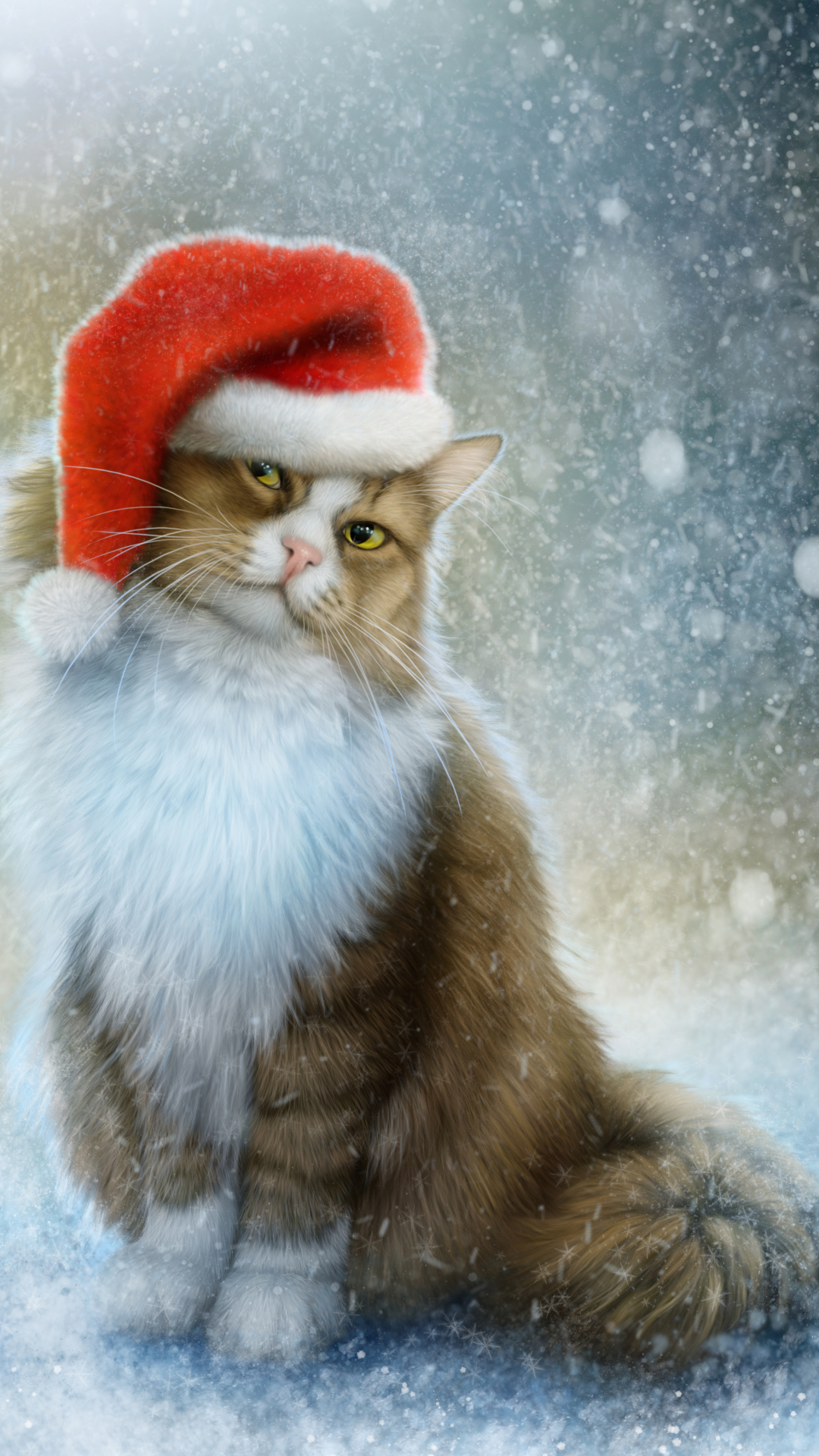 Скачать картинку Снег, Кот, Рождество, Кошка, Снегопад, Шарф, Праздничные, Шляпа Санты в телефон бесплатно.