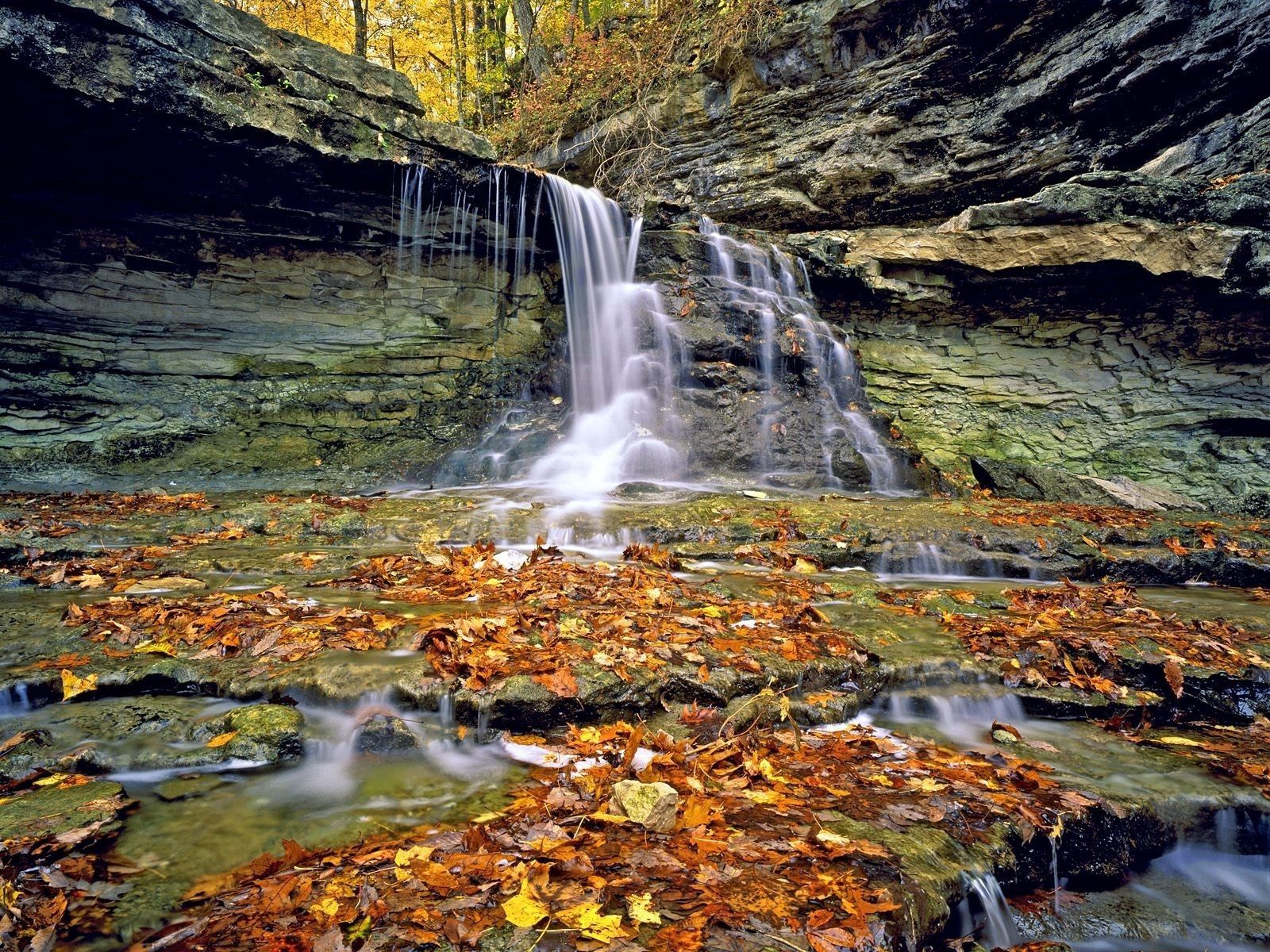 149448 скачать картинку осень, природа, листья, скалы, водопад, слои - обои и заставки бесплатно