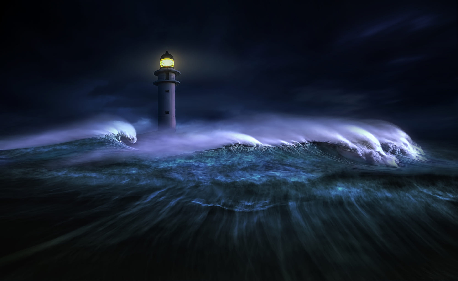 Download mobile wallpaper Sea, Ocean, Lighthouse, Storm, Artistic, Wave for free.