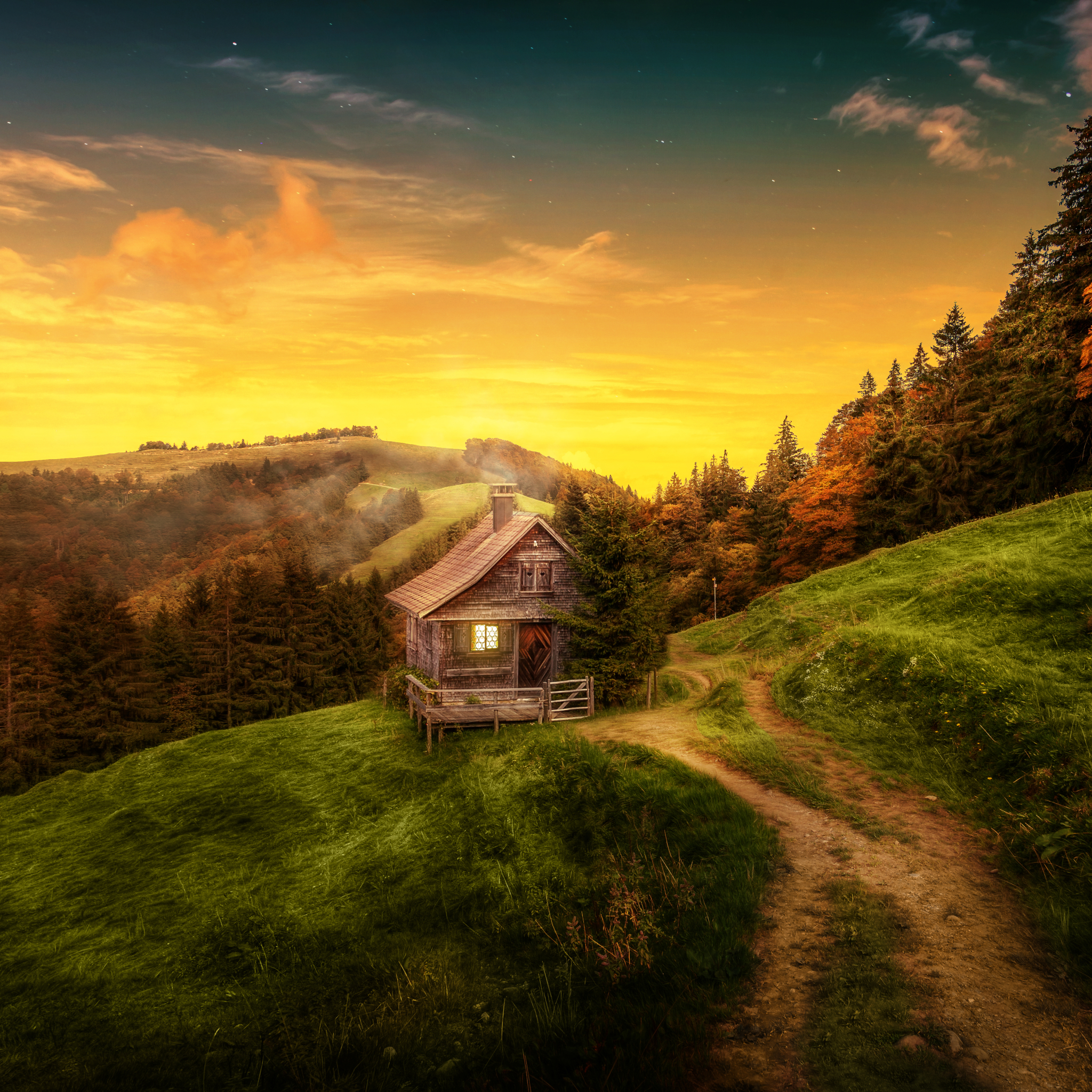 Download mobile wallpaper Landscape, Grass, Mountain, Cabin, Man Made for free.