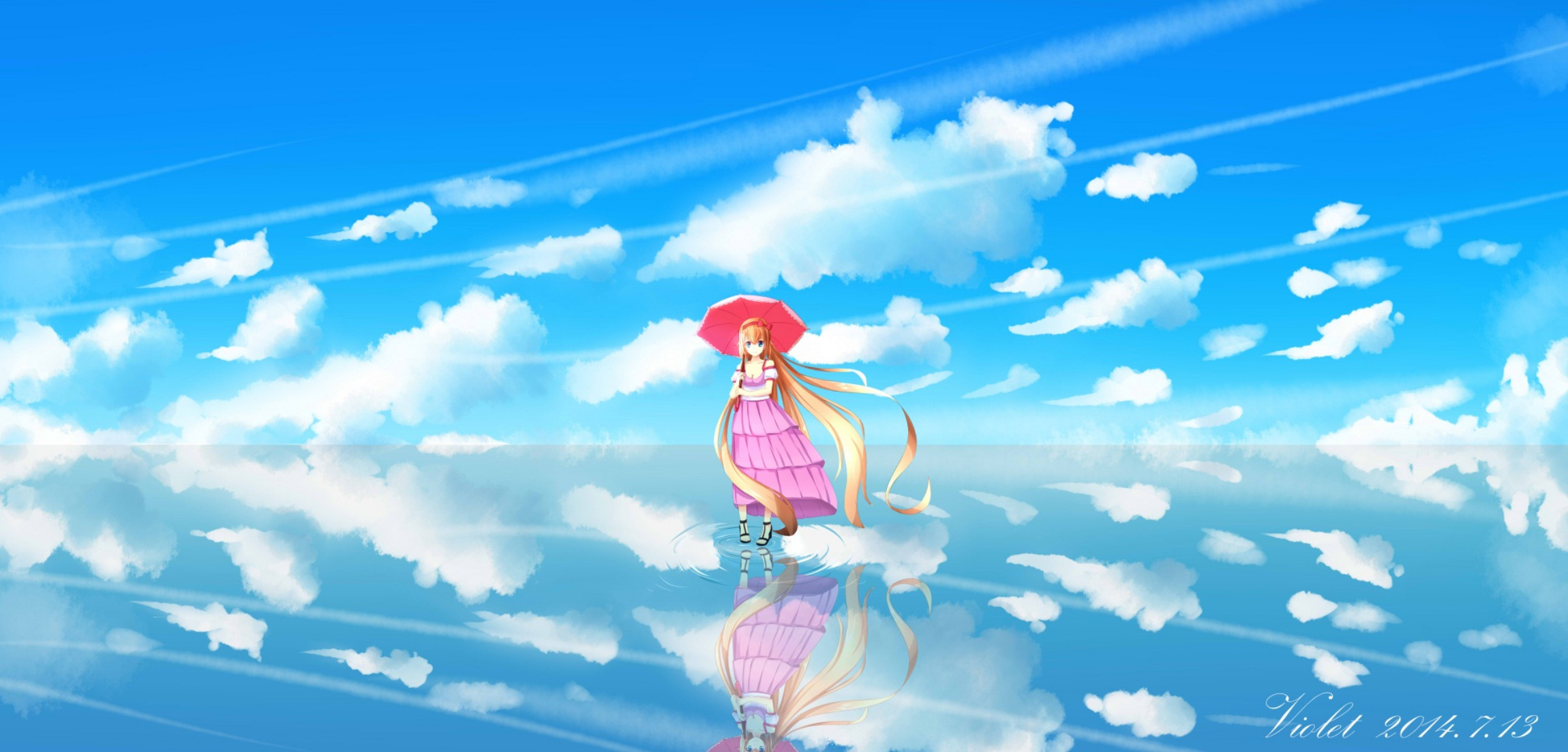 Laden Sie das Ozean, Regenschirm, Wolke, Original, Himmel, Animes, Lange Haare, Twintails-Bild kostenlos auf Ihren PC-Desktop herunter