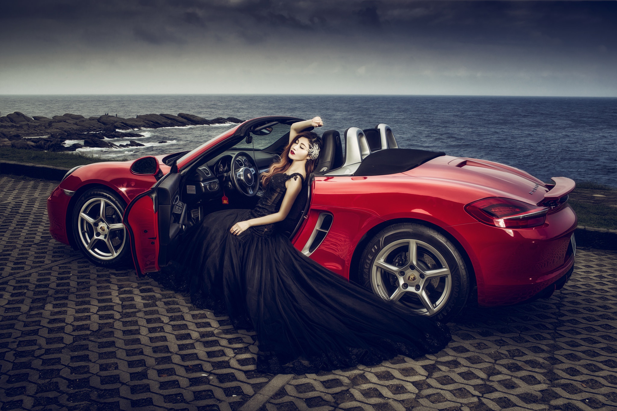 Download mobile wallpaper Porsche, Brunette, Model, Women, Asian, Black Dress, Girls & Cars for free.