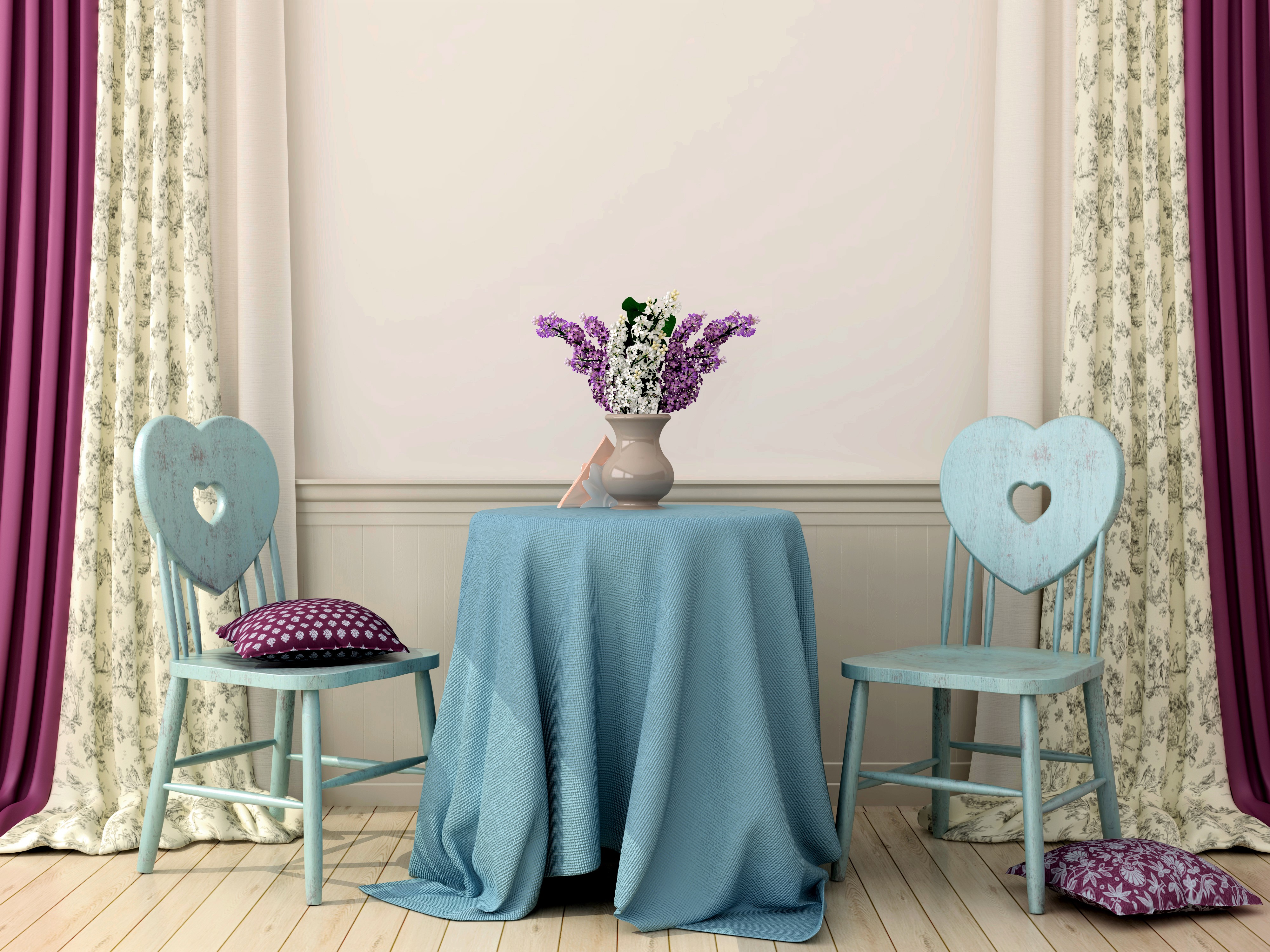 Download mobile wallpaper Lilac, Interior, Still Life, Chair, Table, Room, Vase, Heart, Photography, Cushion for free.