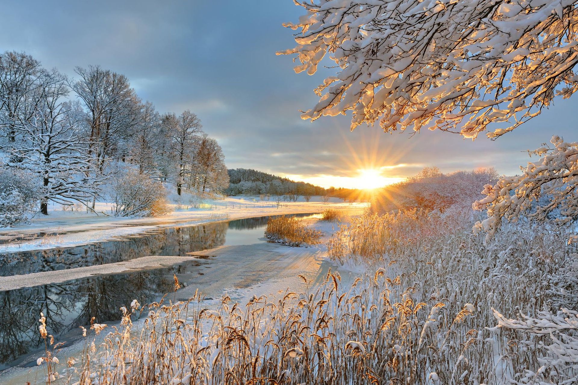 Download mobile wallpaper Landscape, Winter, Sunset, Sun, Snow, Tree, Earth, Sunshine for free.