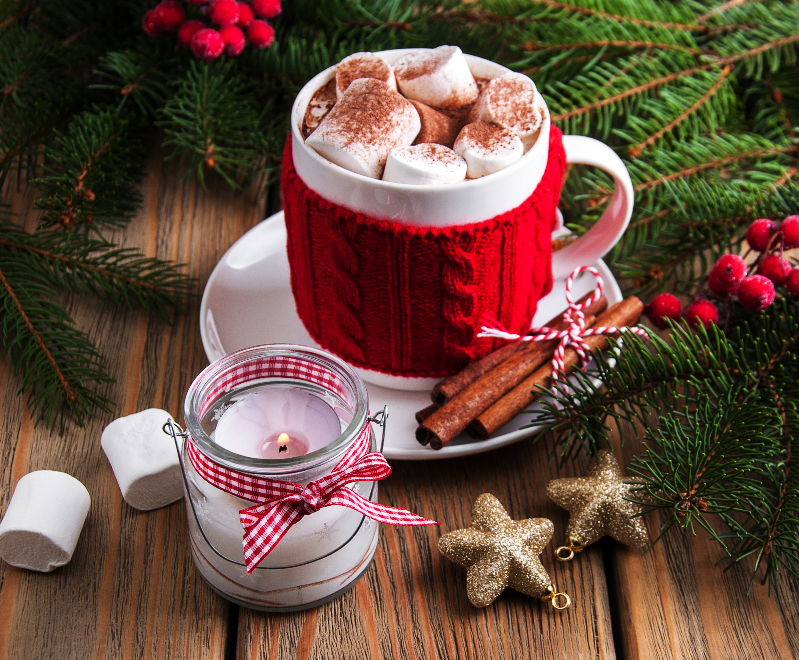 Download mobile wallpaper Food, Cinnamon, Cup, Christmas, Candle, Marshmallow, Hot Chocolate for free.