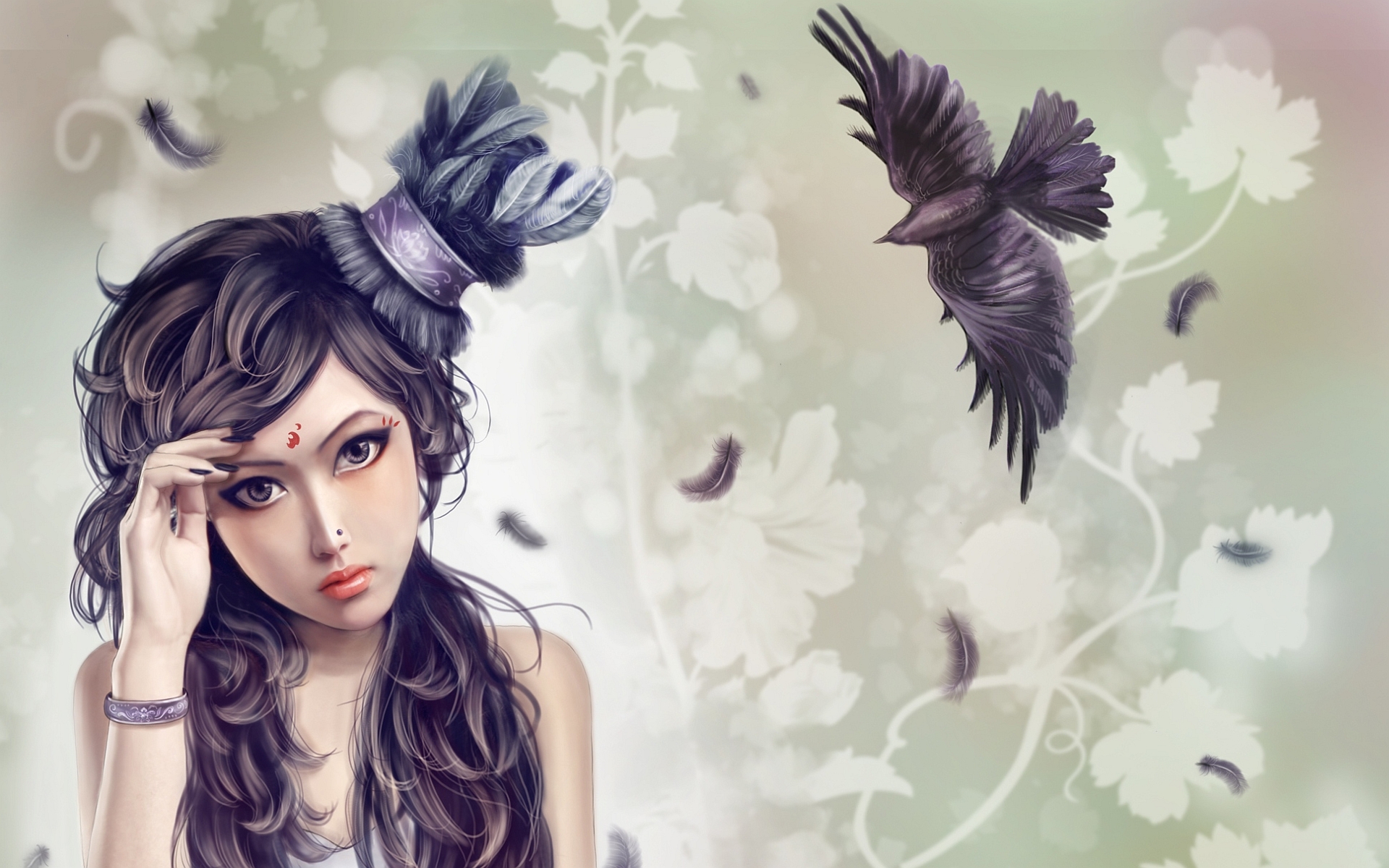 Download mobile wallpaper Women, Feather, Fantasy, Black Hair, Raven for free.