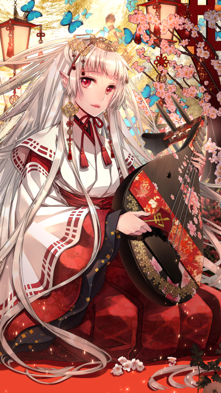 Download mobile wallpaper Anime, Butterfly, Cherry Blossom, Original, Red Eyes, Long Hair, Pointed Ears, White Hair, Instrument, Yukata, Japanese Clothes for free.