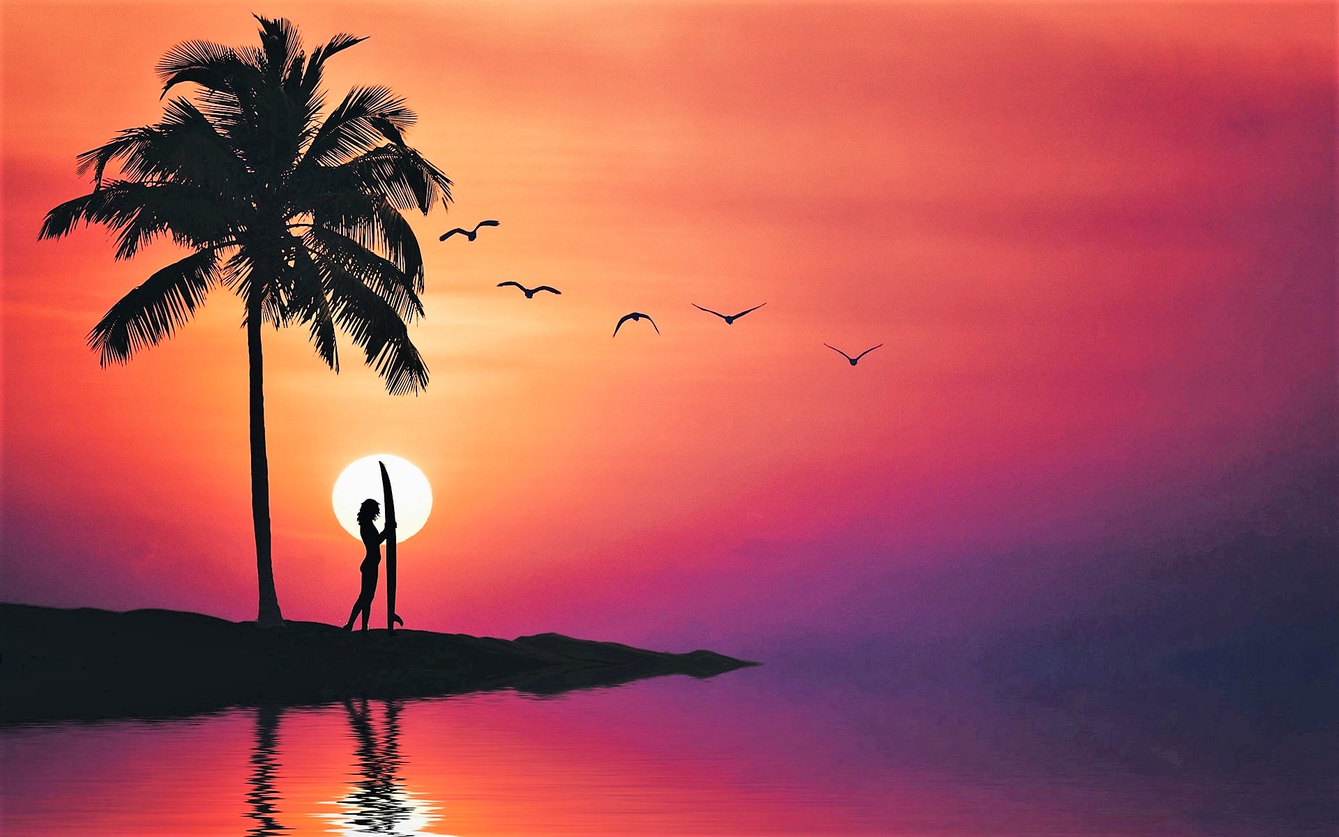 Handy-Wallpaper Rosa, Silhouette, Palme, Surfer, Surfbrett, Himmel, Sonnenuntergang, Künstlerisch kostenlos herunterladen.
