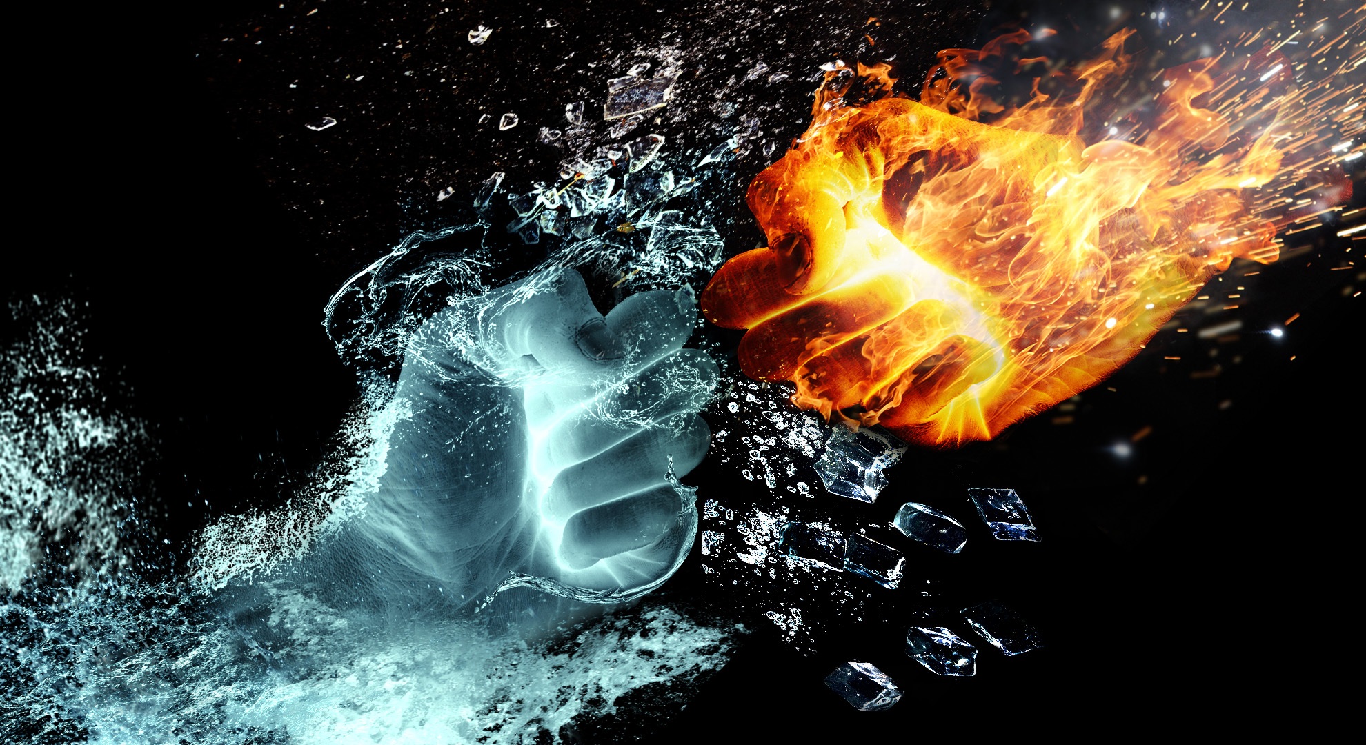 artistic, punch, fire, hand, ice