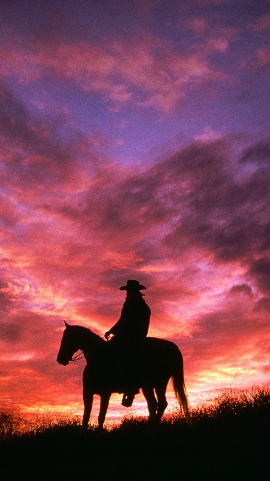Download mobile wallpaper Sunset, Sky, Pink, Silhouette, Purple, Horse, Photography, Cowboy for free.