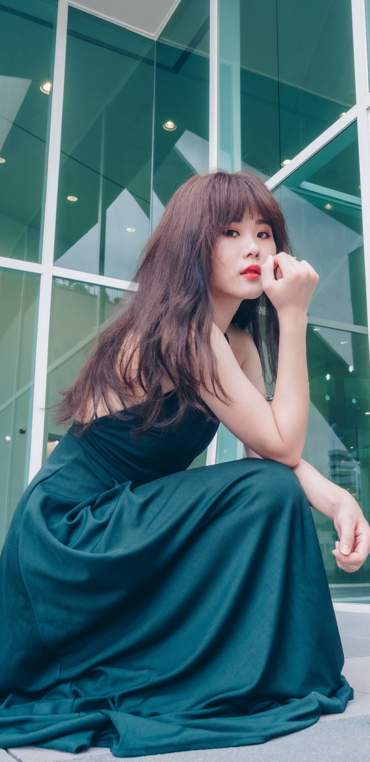 Download mobile wallpaper Brunette, Model, Women, Asian, Long Hair, Lipstick, Green Dress for free.