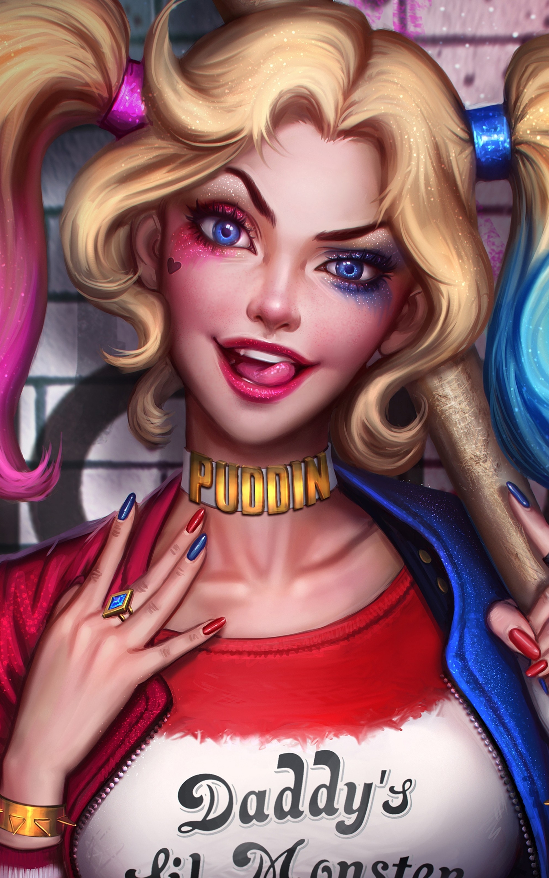 Handy-Wallpaper Blaue Augen, Comics, Harley Quinn, Dc Comics, Twintails, Zweifarbiges Haar kostenlos herunterladen.