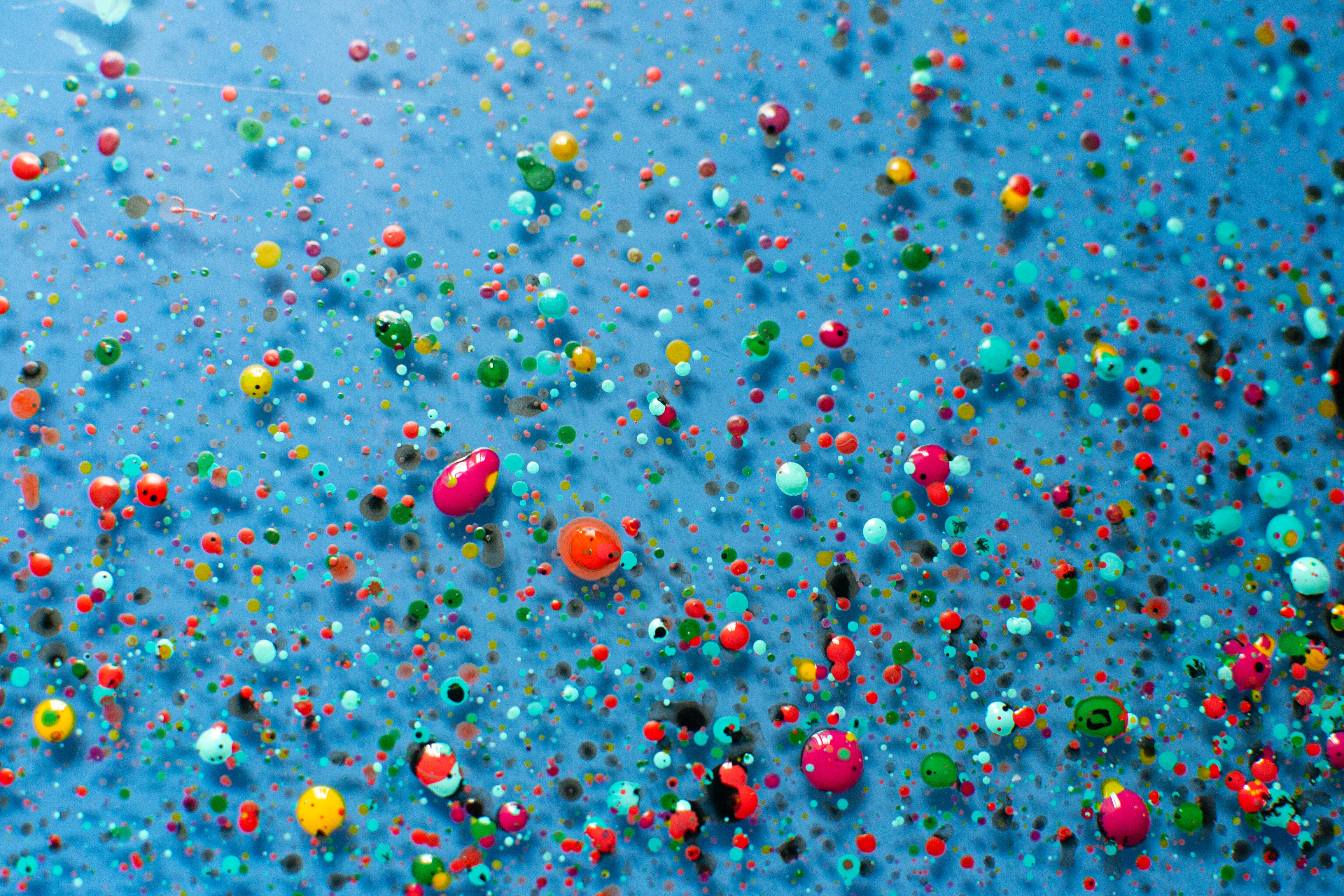 Download mobile wallpaper Motley, Spray, Paint, Drops, Multicolored, Abstract for free.