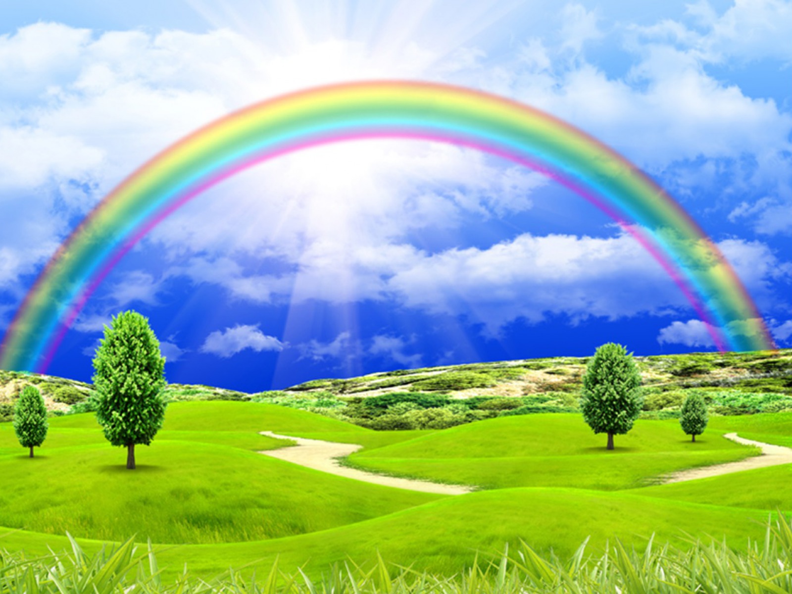 Free download wallpaper Landscape, Nature, Fantasy, Rainbow, Tree, Field on your PC desktop