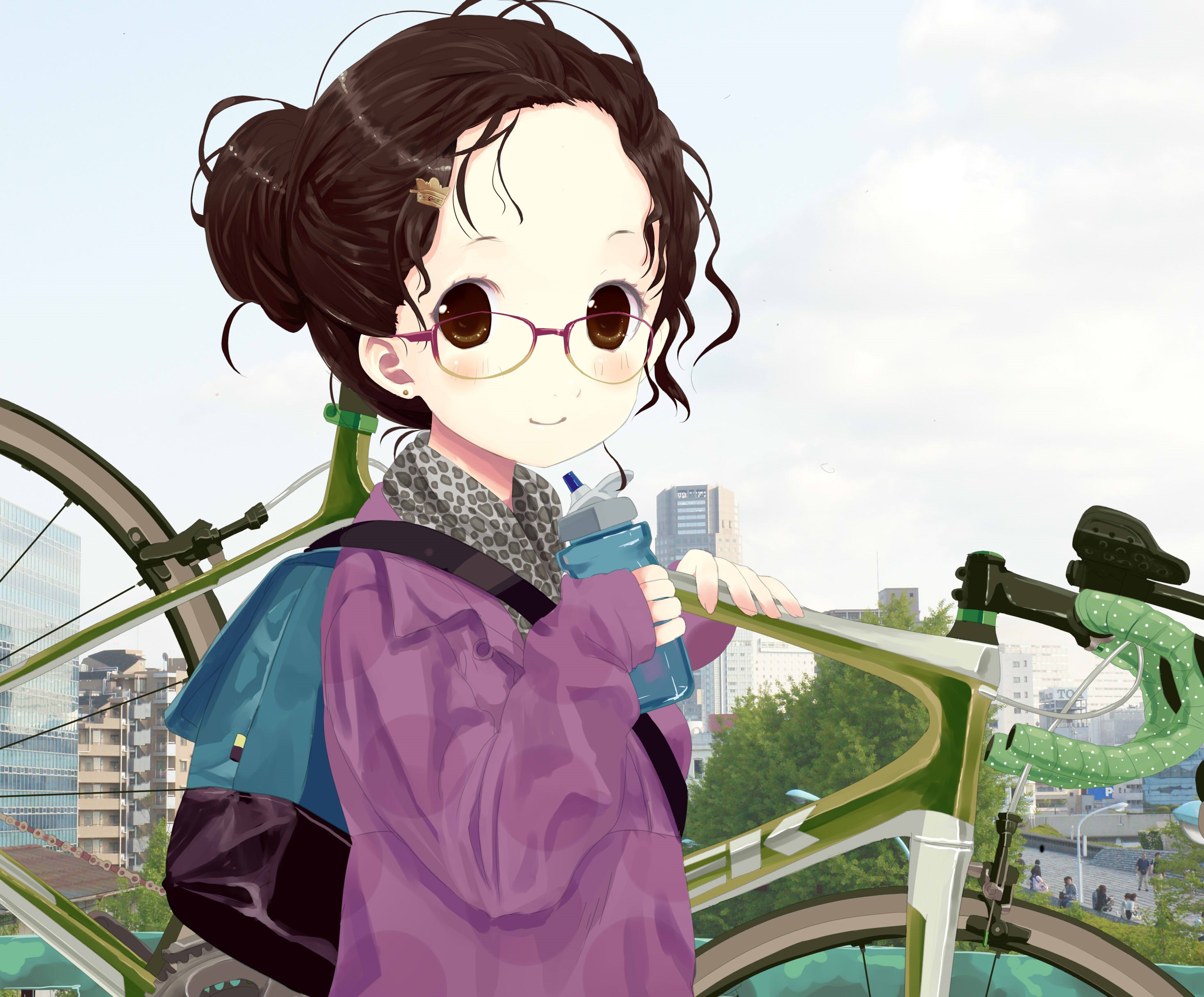 Free download wallpaper Anime, Bike, Bag, Glasses, Bottle, Original, Blush, Brown Eyes, Brown Hair, Short Hair on your PC desktop