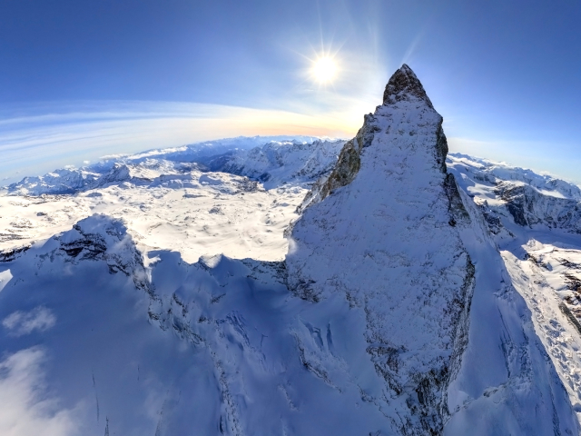 Handy-Wallpaper Landschaft, Schnee, Berg, Gebirge, Sonnenlicht, Fotografie, Fischauge, Matterhorn kostenlos herunterladen.