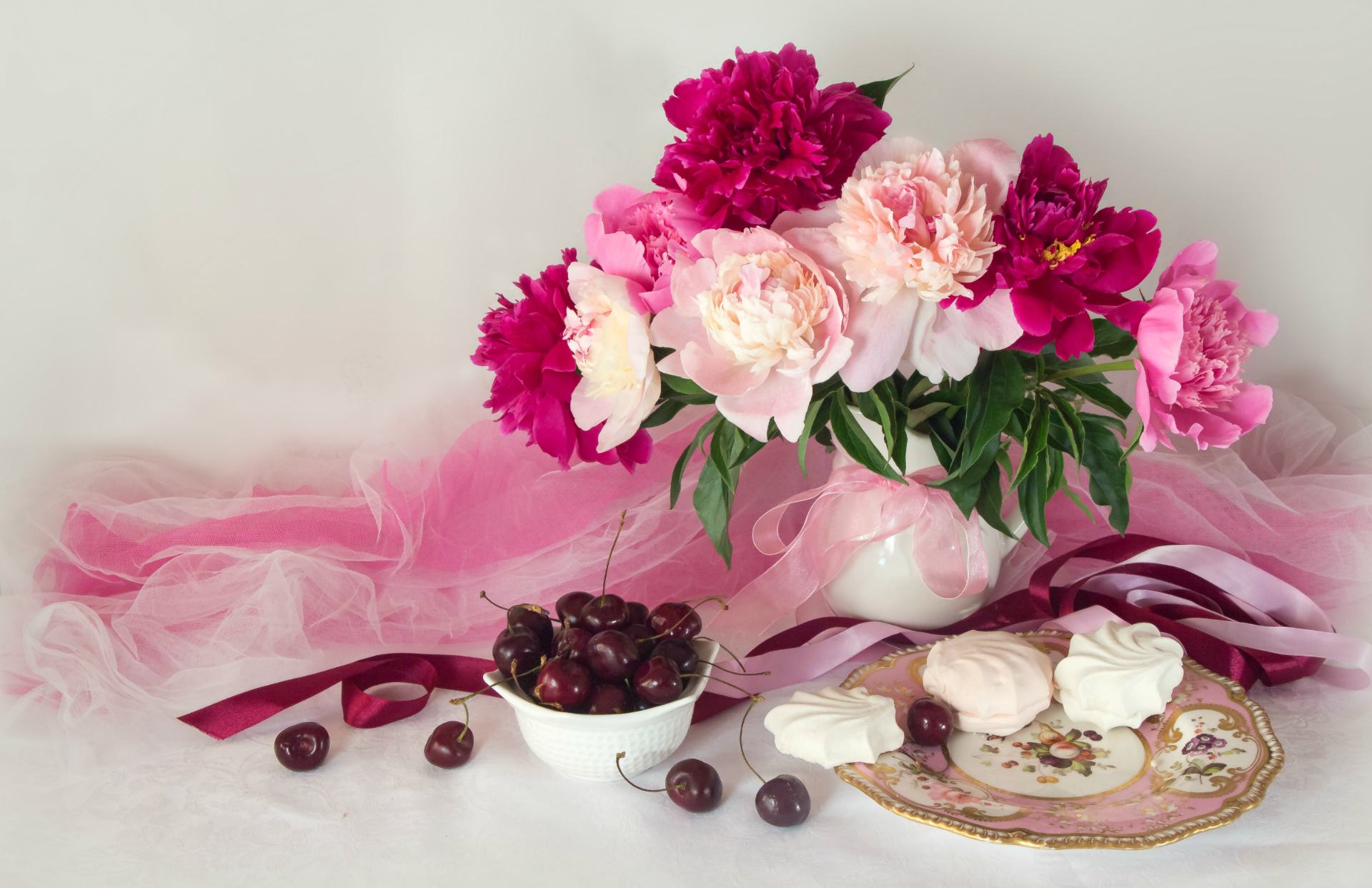 Download mobile wallpaper Cherry, Still Life, Flower, Fruit, Vase, Photography, Purple Flower, Pink Flower for free.