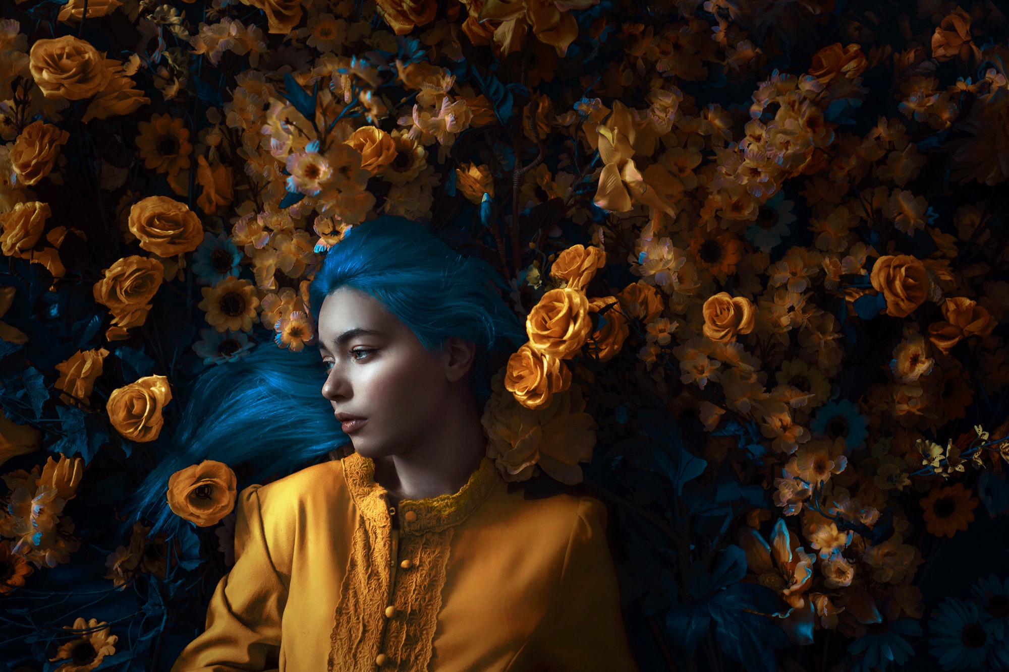 Download mobile wallpaper Rose, Model, Women, Yellow Flower, Blue Hair, Lying Down for free.