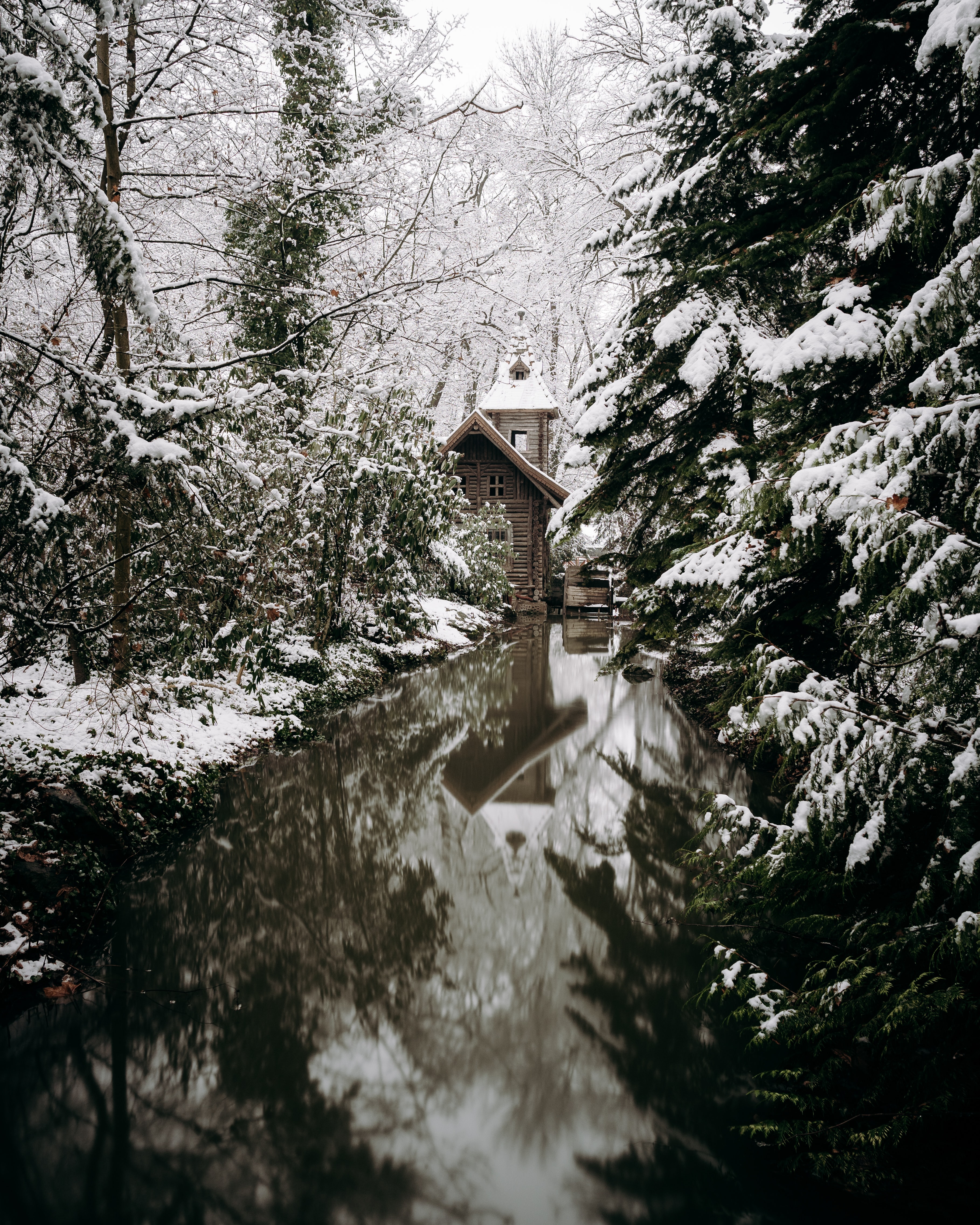 Download mobile wallpaper Rivers, Snow, Trees, House, Nature for free.