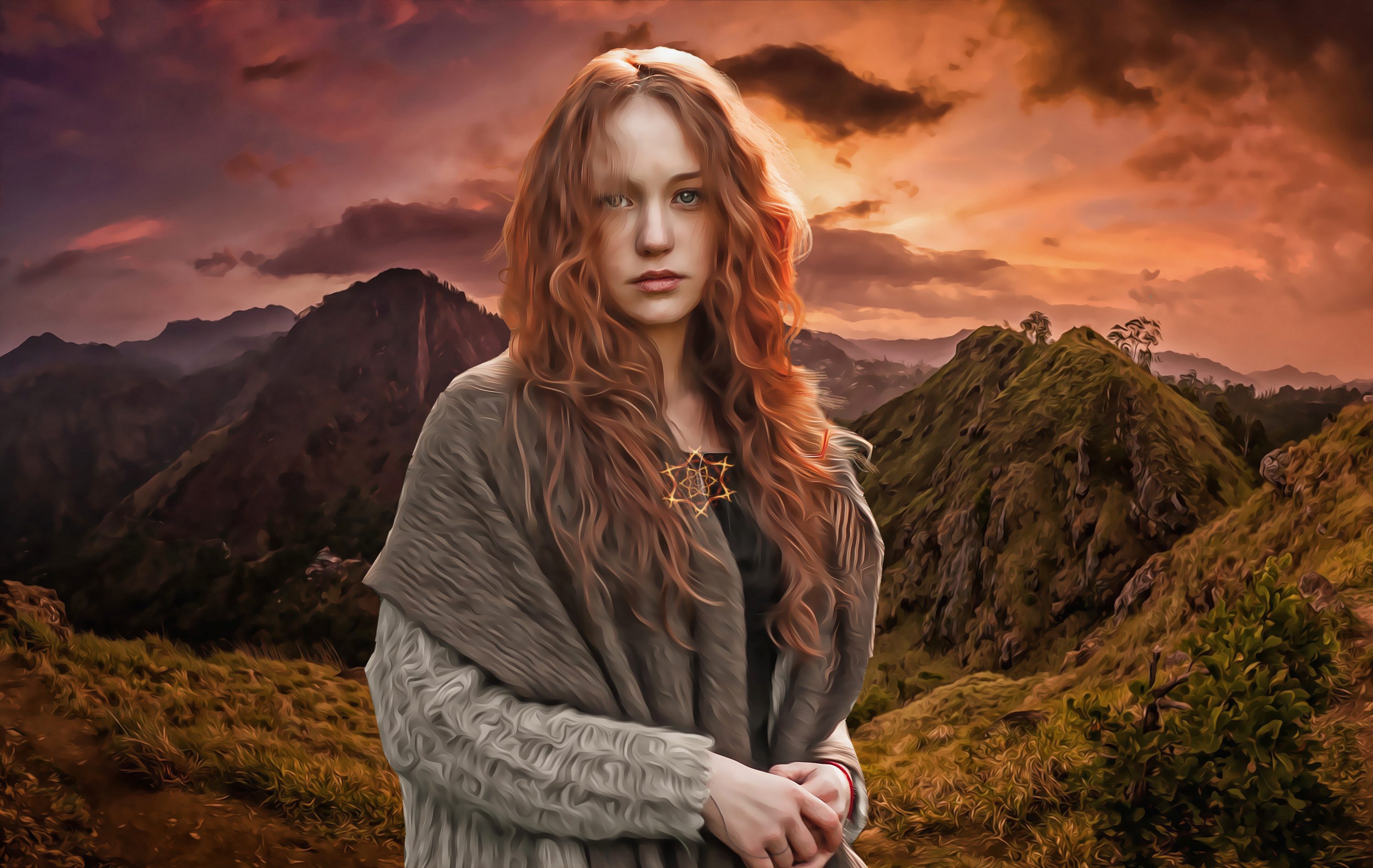 Download mobile wallpaper Mountain, Redhead, Painting, Artistic, Women, Long Hair, Oil Painting for free.