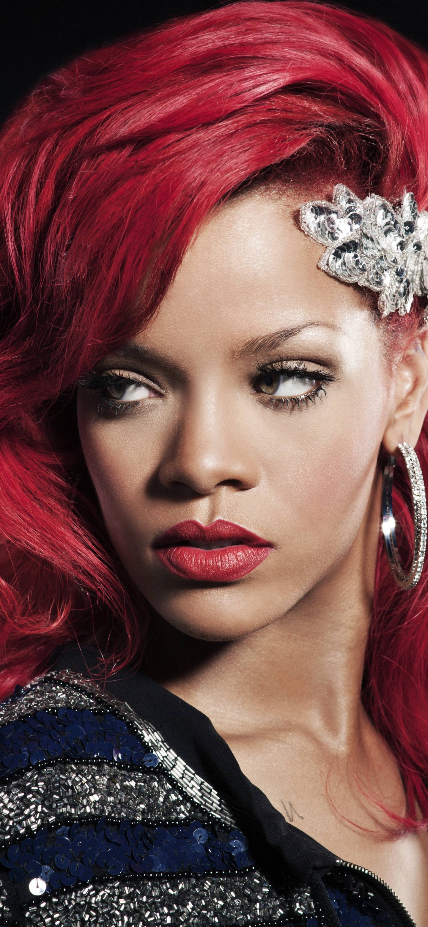 Download mobile wallpaper Music, Rihanna, Singer, Face, Earrings, Red Hair, Lipstick, Barbadian for free.