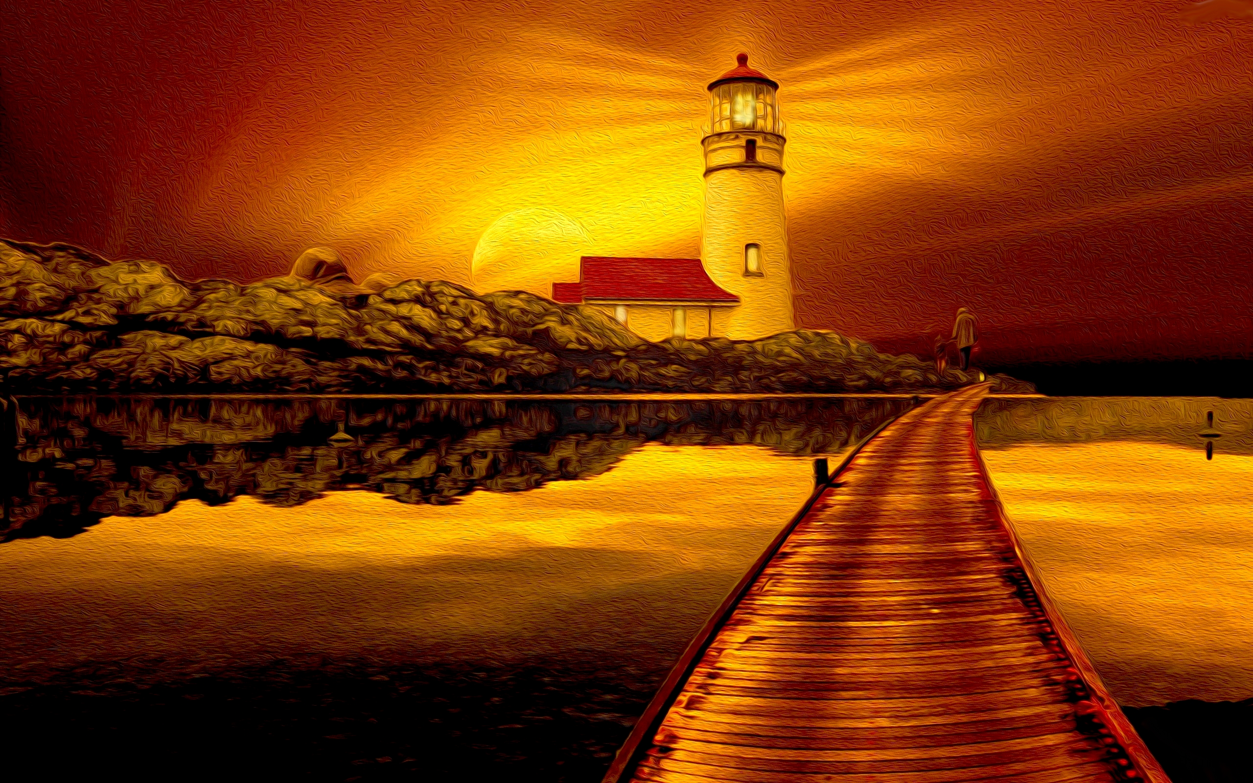Free download wallpaper Sunset, Pier, Ocean, Earth, Lighthouse, Golden, Artistic on your PC desktop