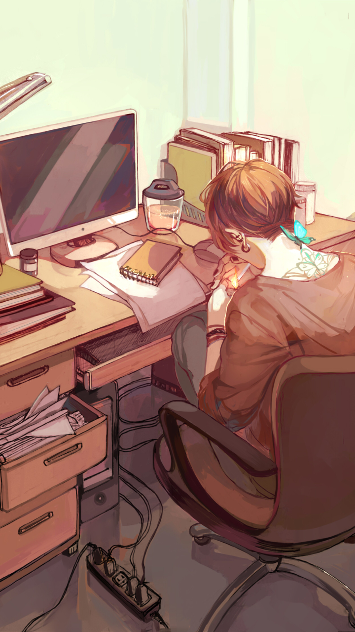 anime, original, computer, desk Phone Background