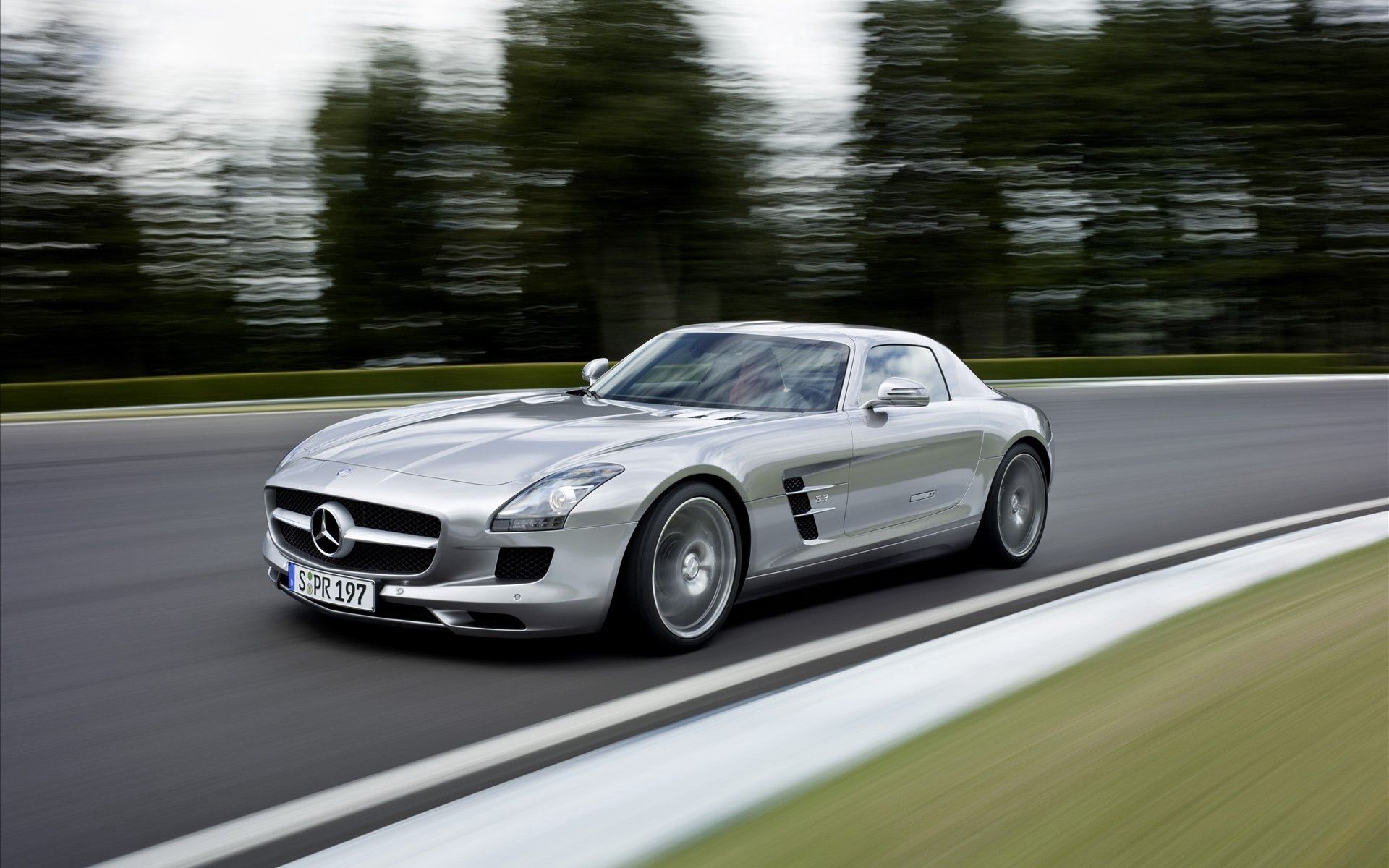 mercedes benz, mersedes, cars, road, grey, speed, blurred, fuzzy, sls Panoramic Wallpaper