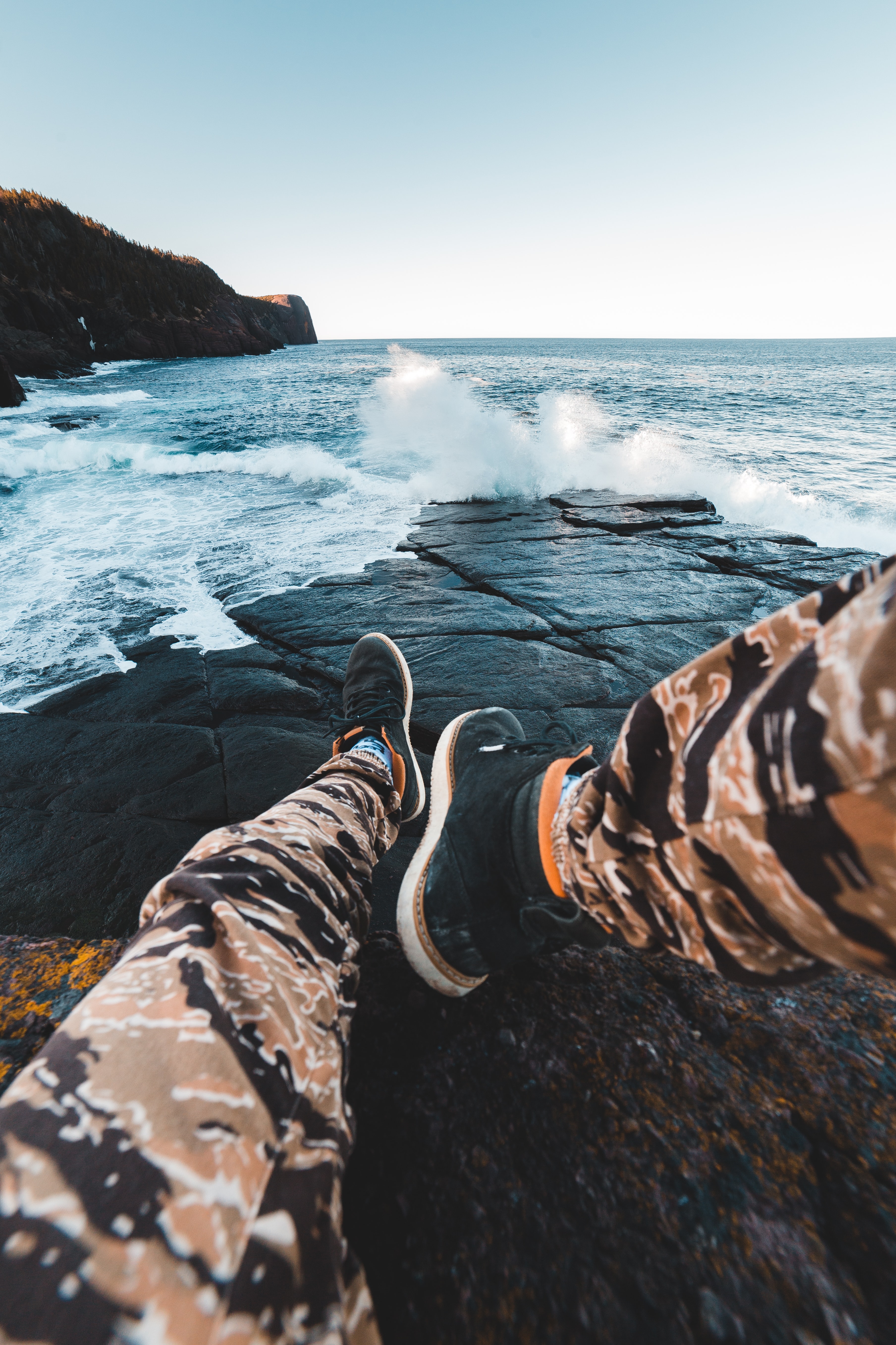 Download mobile wallpaper Miscellaneous, Waves, Rocks, Legs, Sneakers, Miscellanea for free.