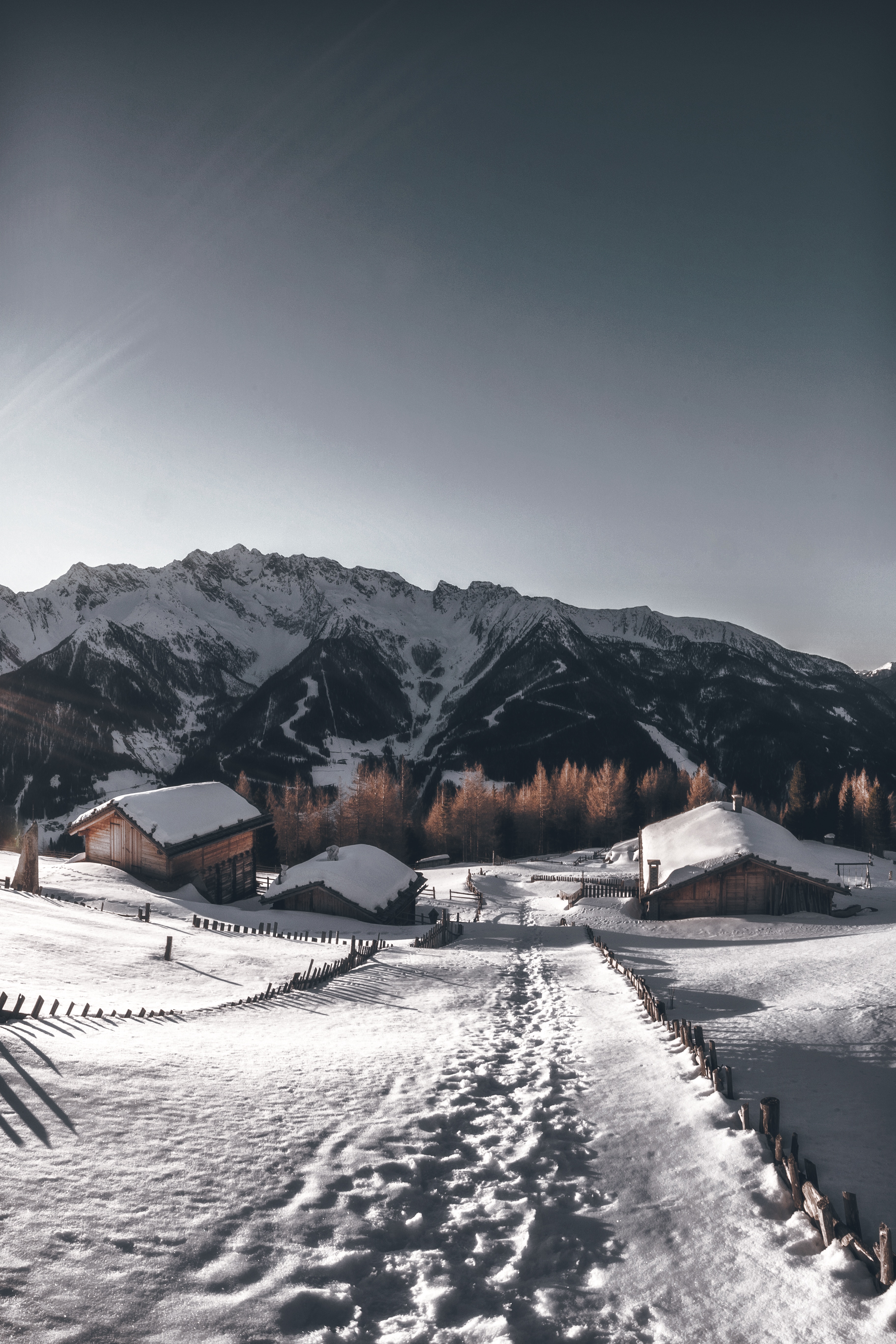 path, village, winter, nature, mountains, snow HD wallpaper