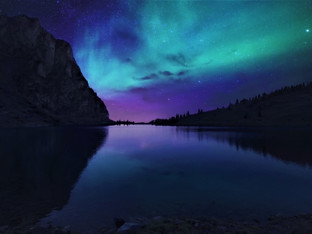 Download mobile wallpaper Stars, Night, Mountain, Lake, Light, Silhouette, Starry Sky, Earth, Aurora Borealis for free.