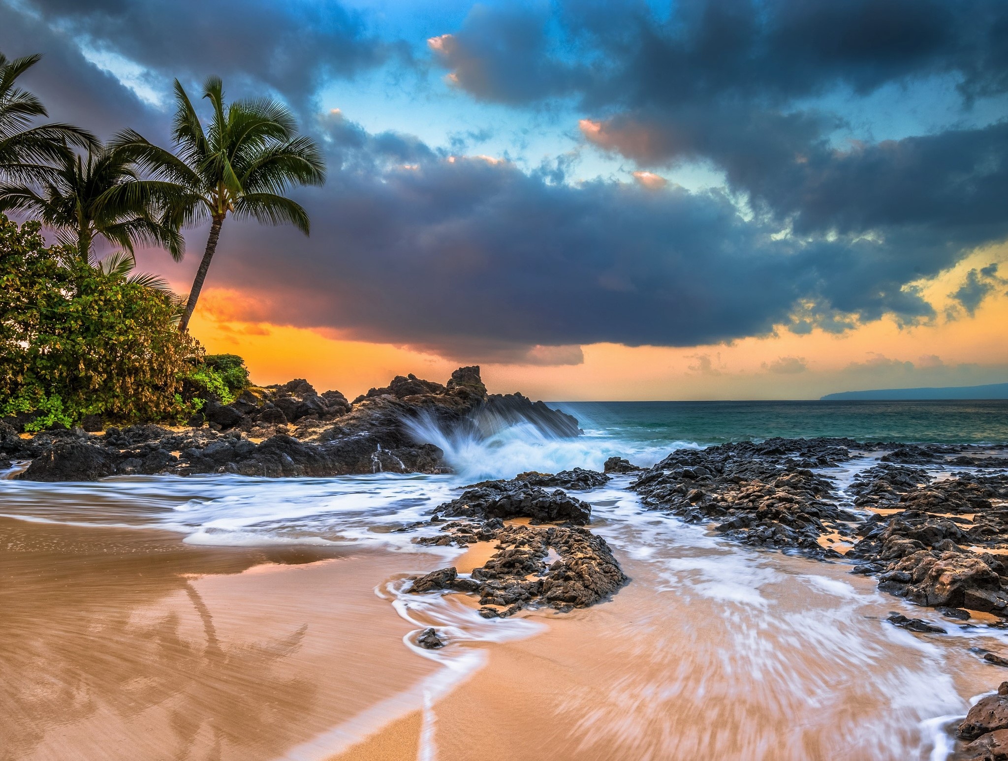 Free download wallpaper Sunset, Sky, Sea, Beach, Horizon, Ocean, Earth, Cloud, Hawaii on your PC desktop