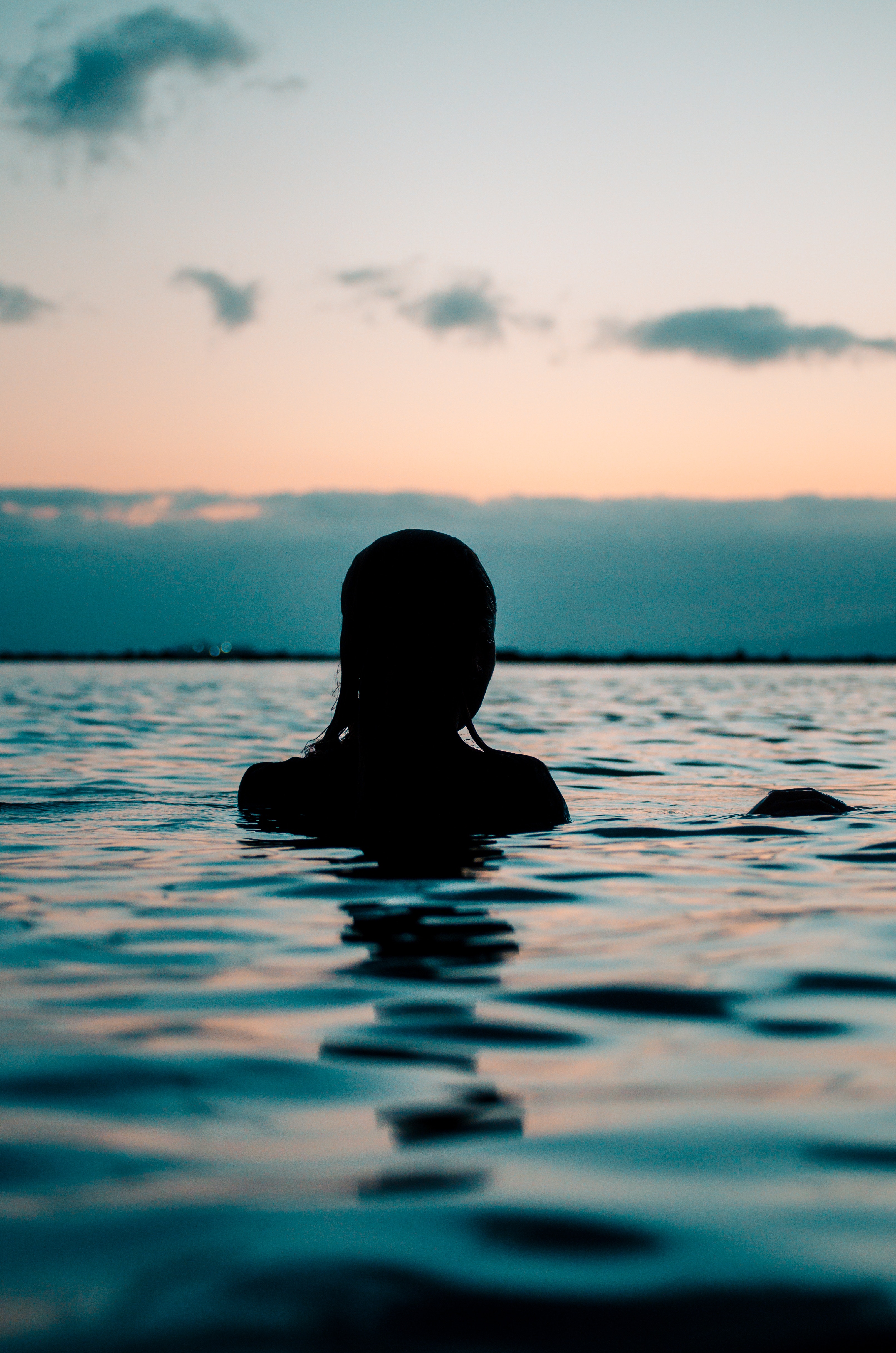 swimming, sunset, sea, dark, silhouette, ripples, ripple