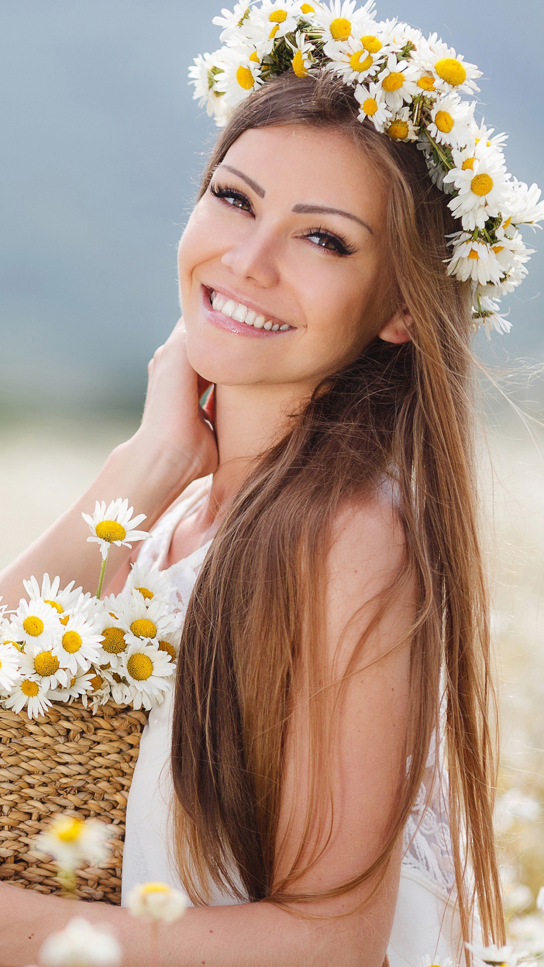 Download mobile wallpaper Smile, Wreath, Brunette, Model, Women, White Flower, Long Hair for free.