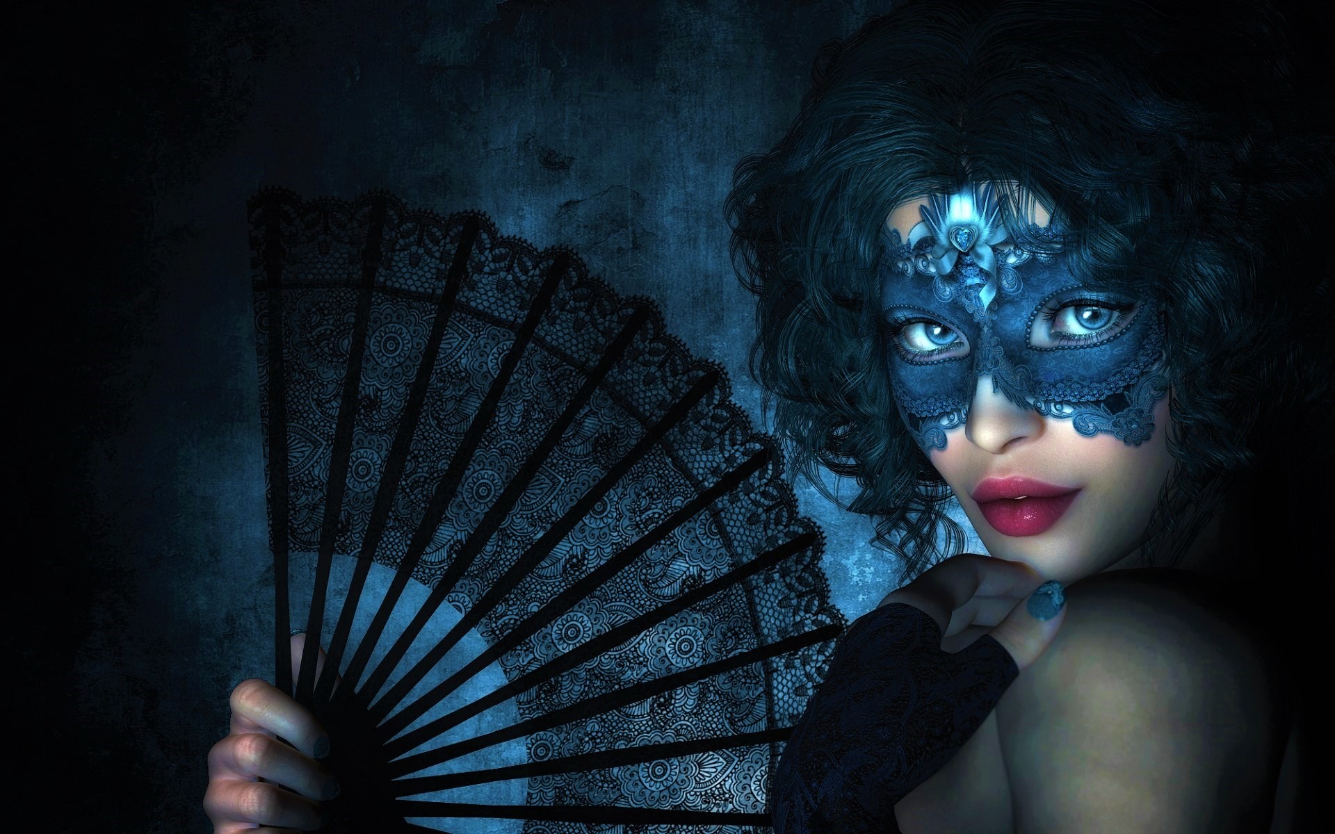 Download mobile wallpaper Mask, Glove, Photography, Fan, Blue Eyes, Blue Hair, Short Hair, Lipstick for free.