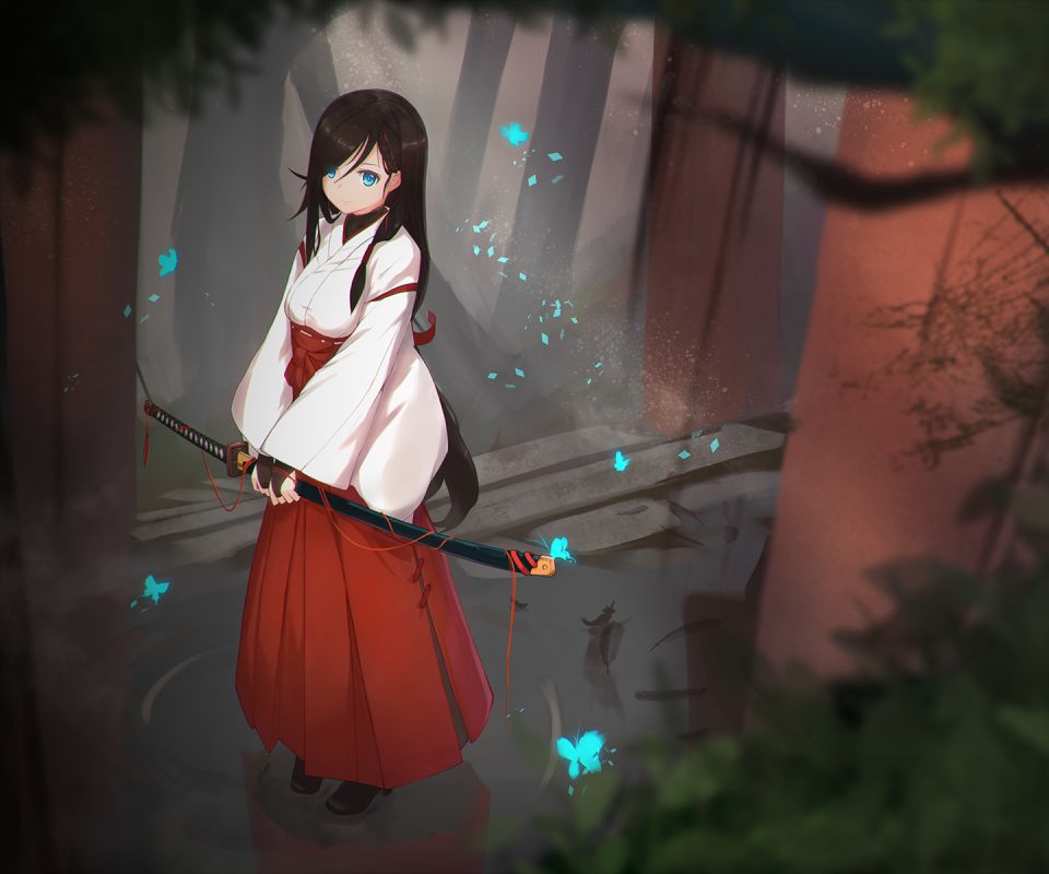 Free download wallpaper Anime, Butterfly, Sword, Original, Miko Outfit on your PC desktop