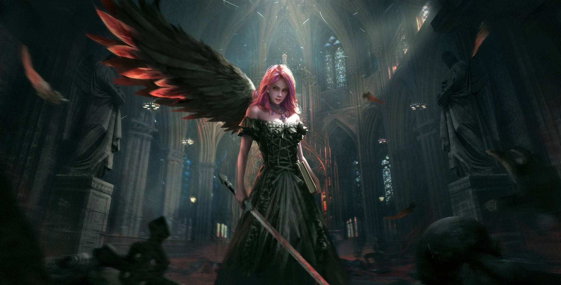 無料モバイル壁紙ファンタジー, 天使, 暗い, 翼, 教会, 大聖堂, 剣, ピンクの髪, 堕天使, 天使の戦士をダウンロードします。