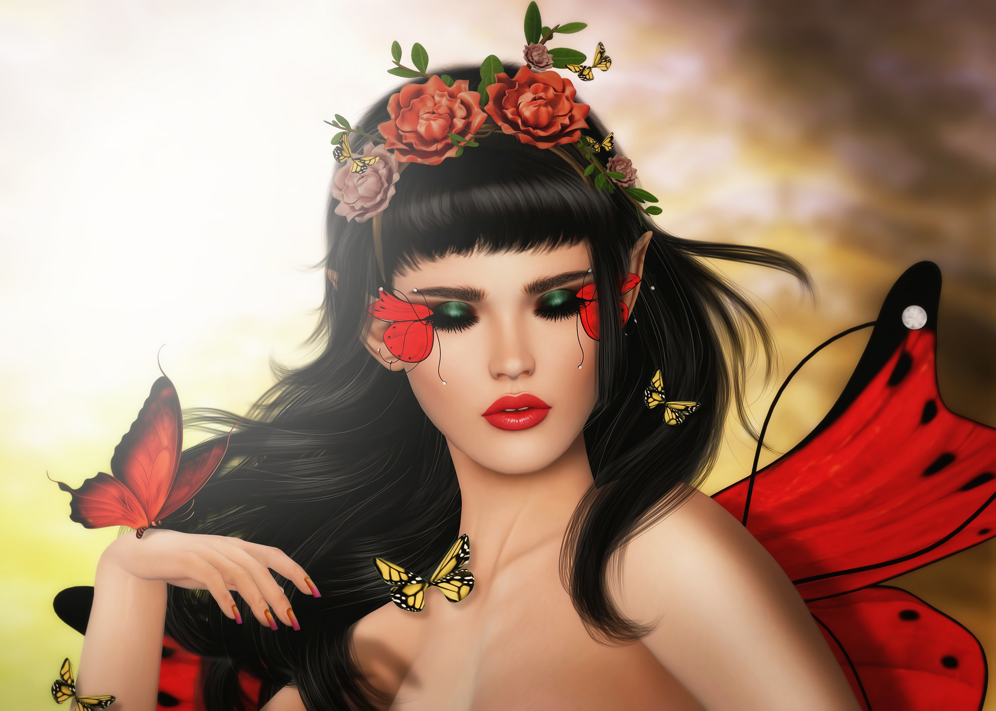 Laden Sie das Schmetterlinge, Fantasie, Blume, Flügel, Fee, Schwarzes Haar, Spitze Ohren, Lippenstift-Bild kostenlos auf Ihren PC-Desktop herunter