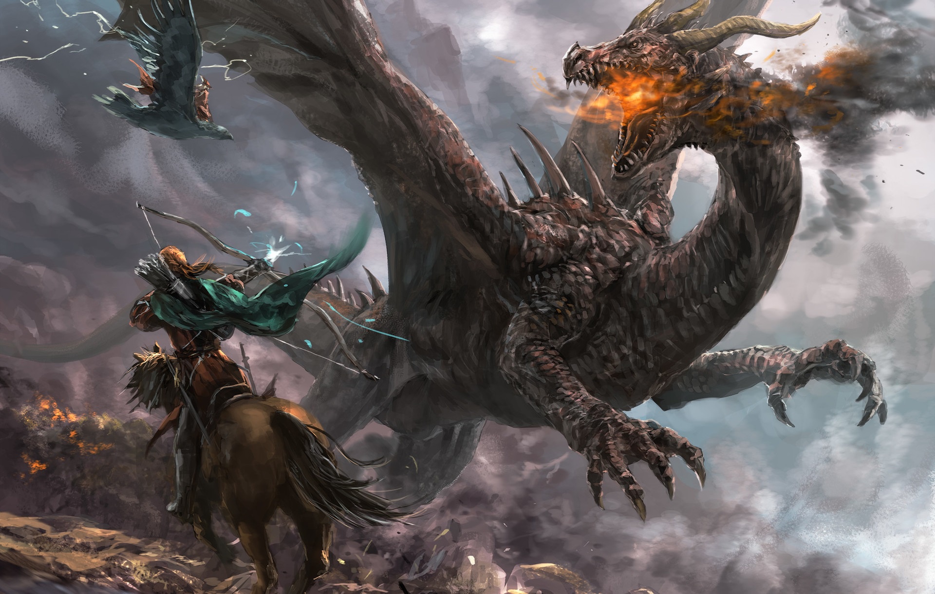 Download mobile wallpaper Fantasy, Dragon, Eagle, Warrior, Horse, Battle, Archer for free.