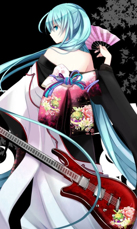 Download mobile wallpaper Anime, Guitar, Vocaloid, Kimono, Petal, Fan, Hatsune Miku, Aqua Eyes, Aqua Hair for free.