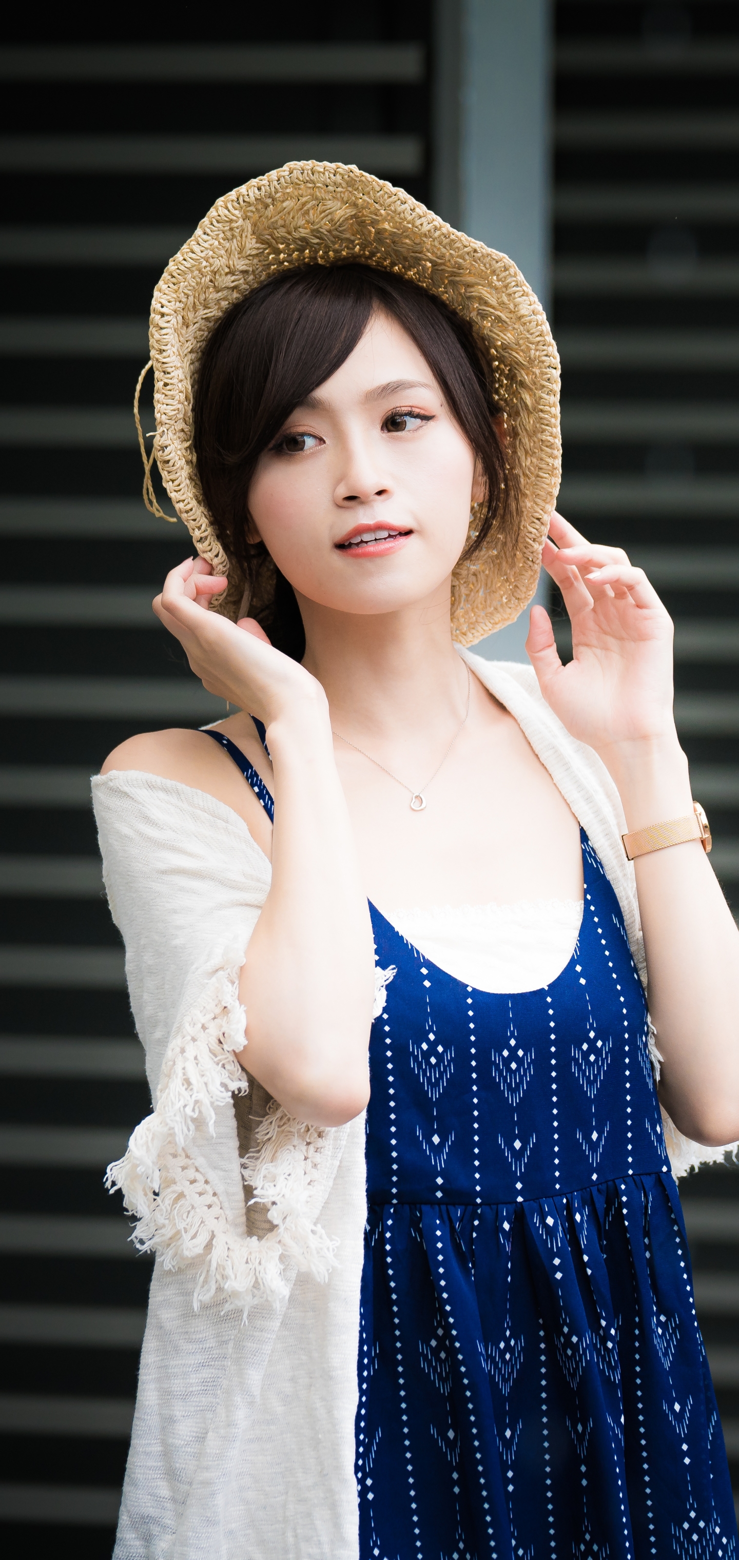 Download mobile wallpaper Hat, Brunette, Model, Women, Asian, Brown Eyes, Blue Dress for free.