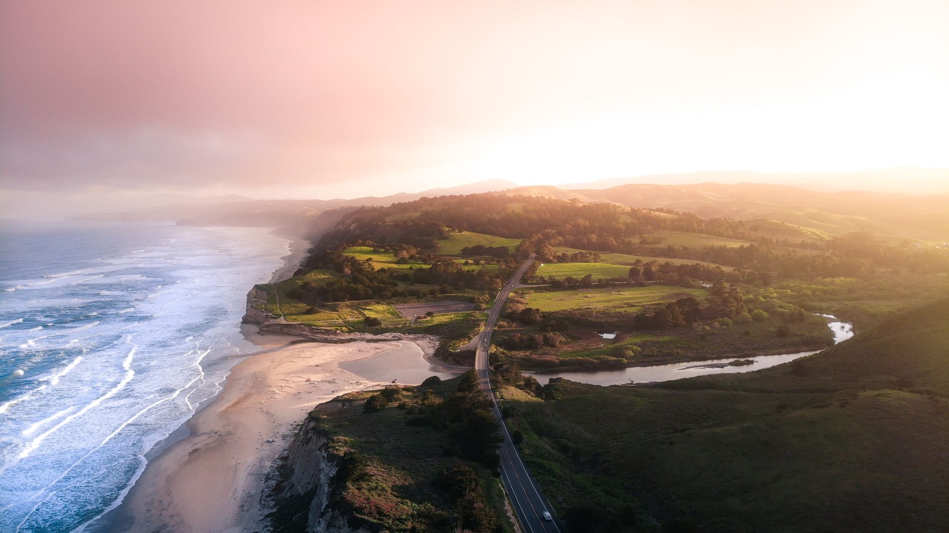 Free download wallpaper Sunset, Ocean, Coastline, Photography, Aerial on your PC desktop