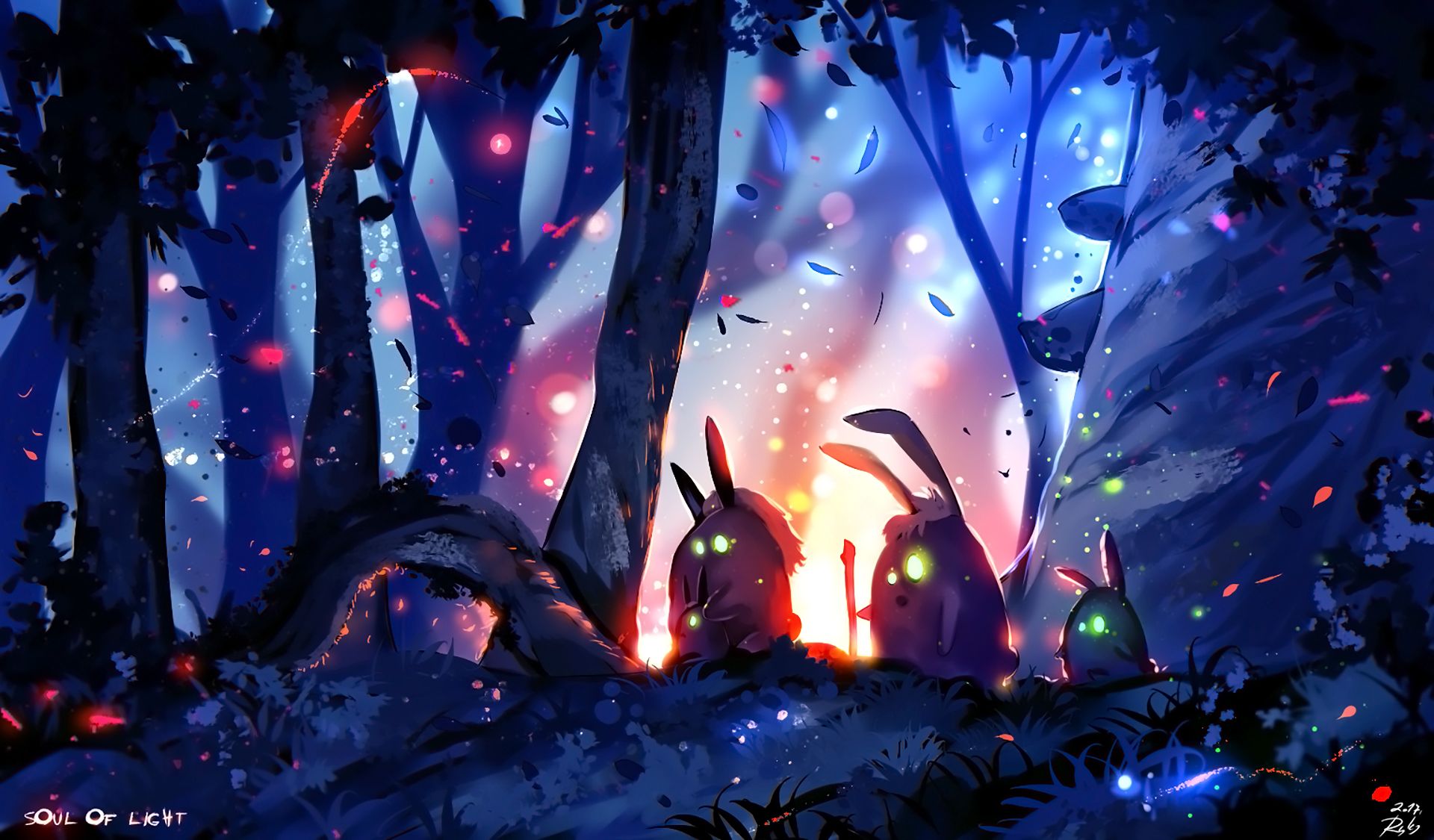 bunny, fantasy, landscape, forest, light, tree