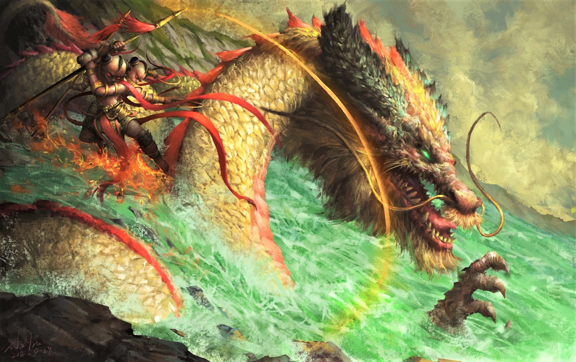 Download mobile wallpaper Fantasy, Sea, Ocean, Dragon, Warrior, Creature for free.